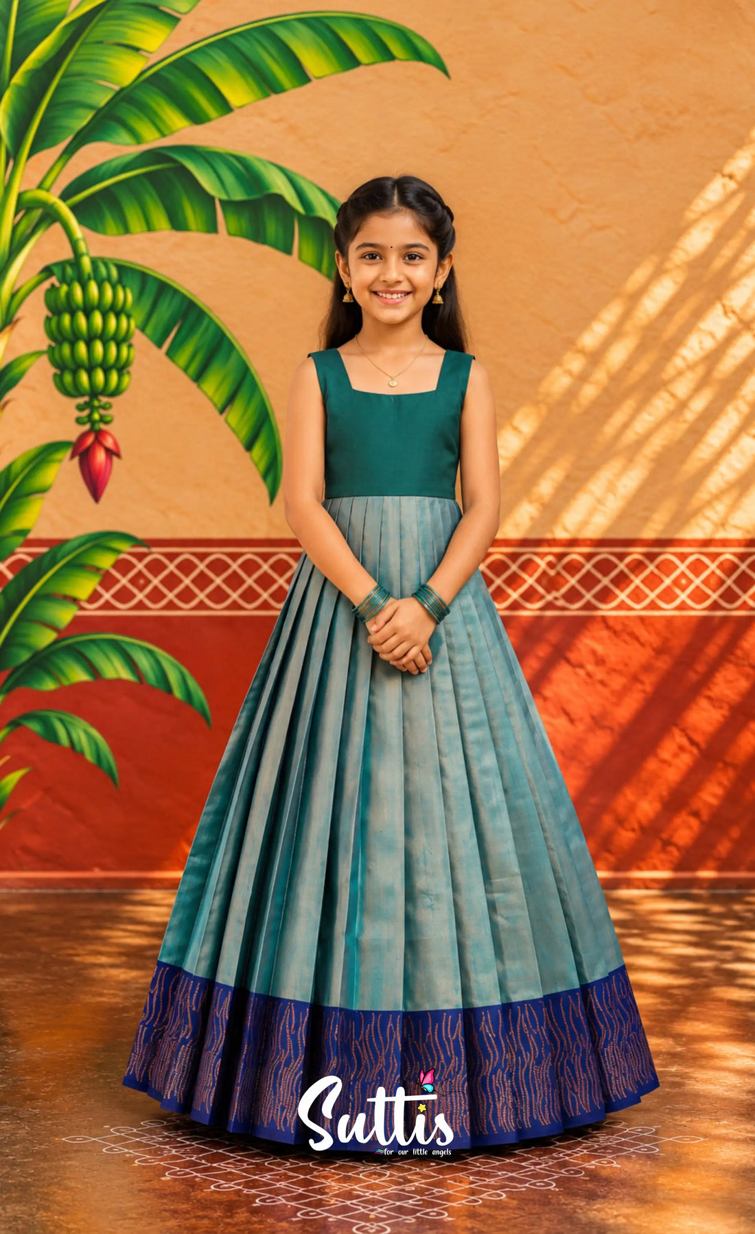 Blended Silk Pavadai Sattai - Two tone Blue and Royal Blue - Kids-Suttis