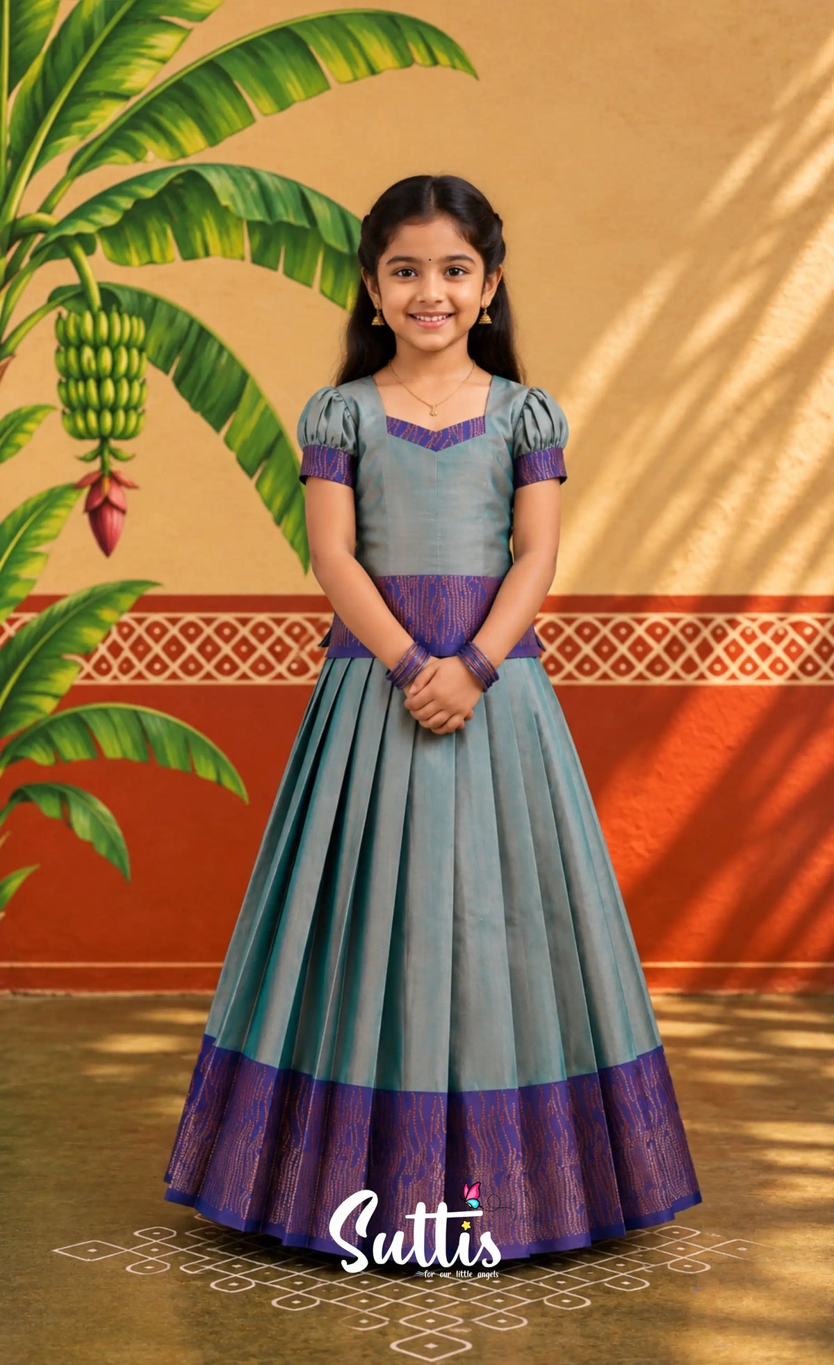Blended Silk Pavadai Sattai - Two tone Blue and Royal Blue - Kids-Suttis