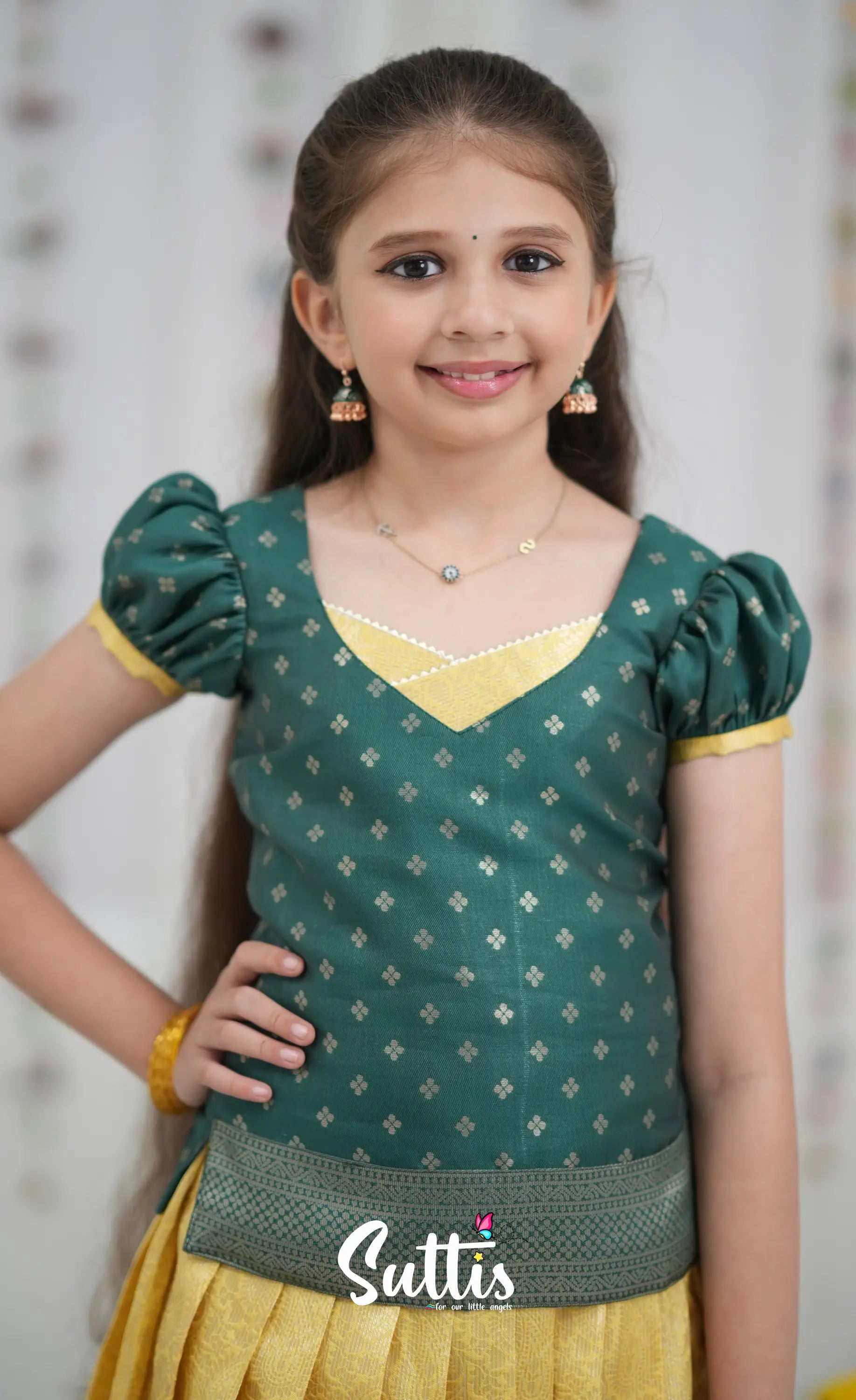 Blended Silk Pavadai Sattai Yellow and Bottle Green Kids Suttis