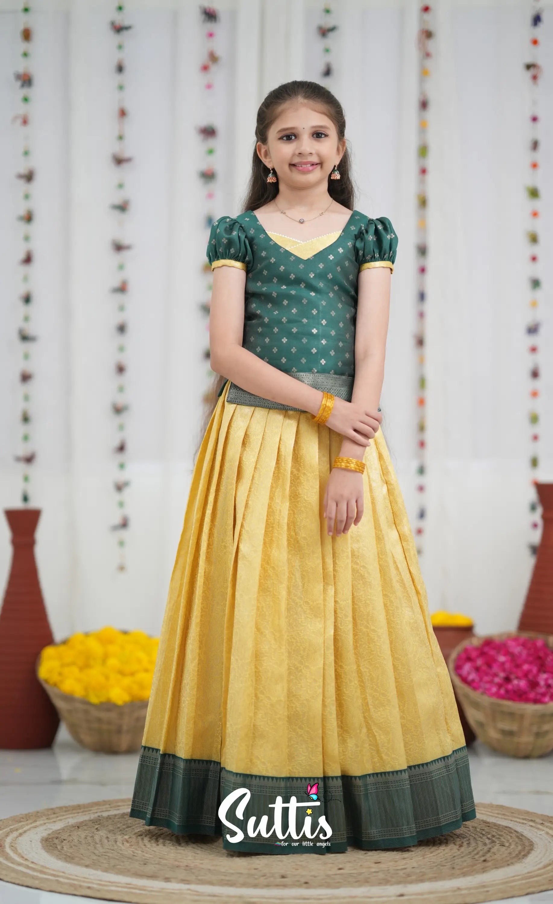 Blended Silk Pavadai Sattai Yellow and Bottle Green Kids Suttis