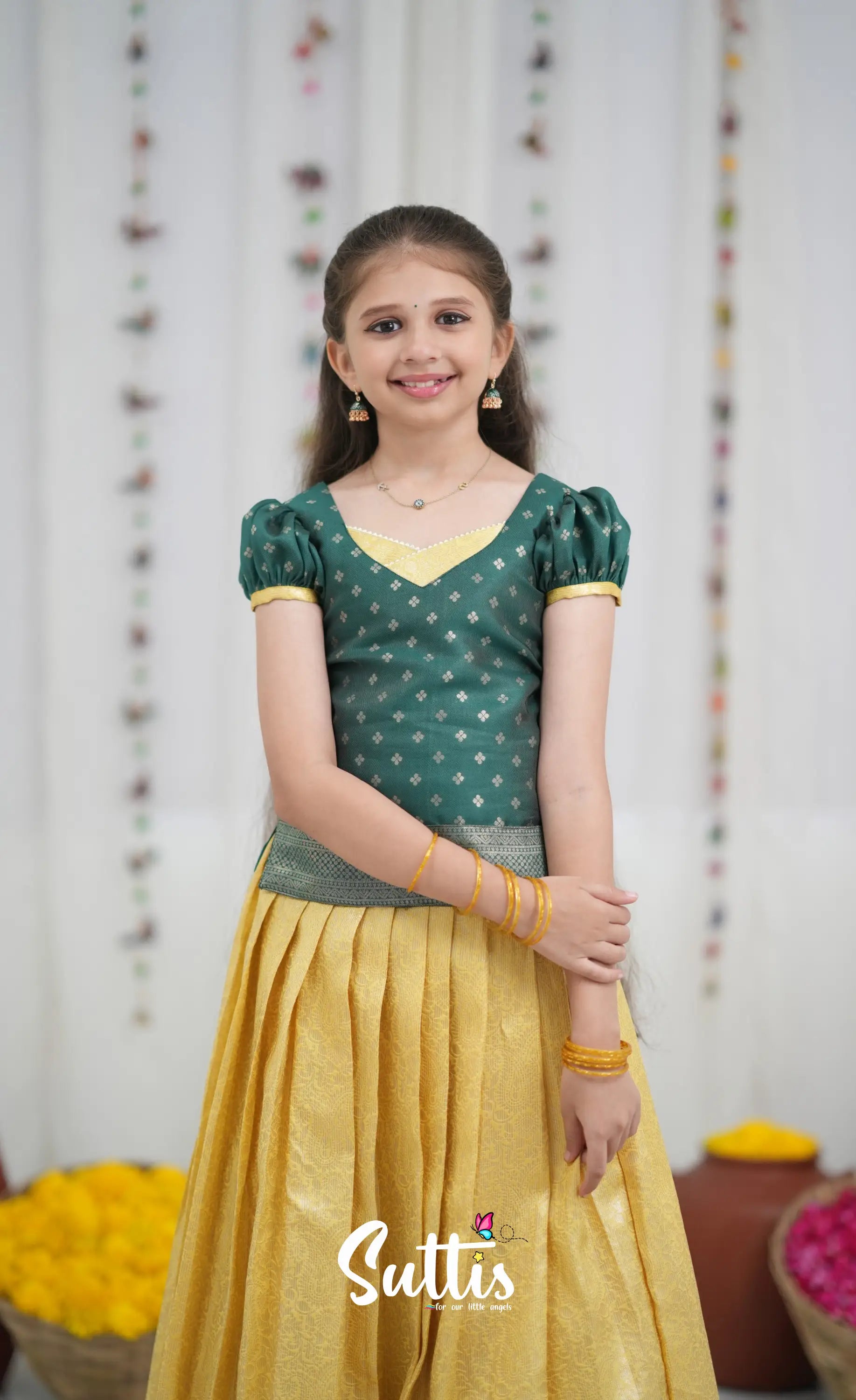 Blended Silk Pavadai Sattai Yellow and Bottle Green Kids Suttis