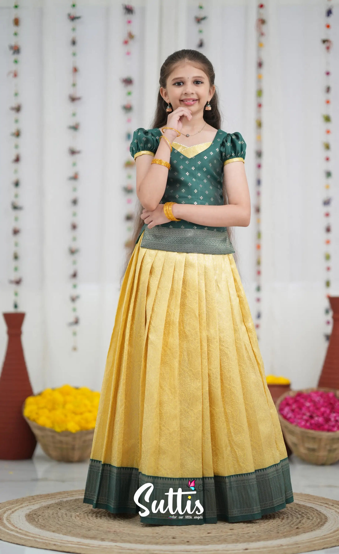 Blended Silk Pavadai Sattai Yellow and Bottle Green Kids Suttis