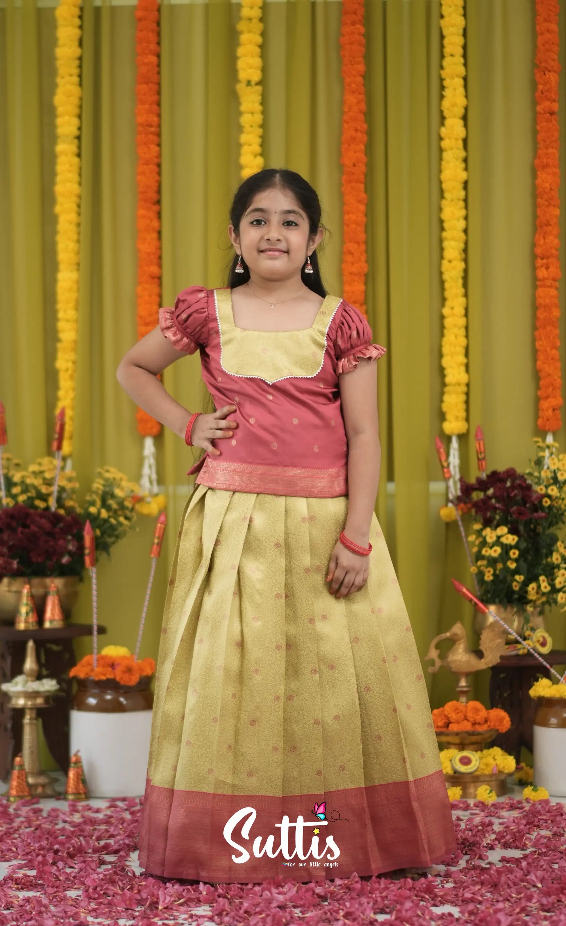Blended Silk Pavadai Sattai - Yellow and Maroon Kids-Suttis