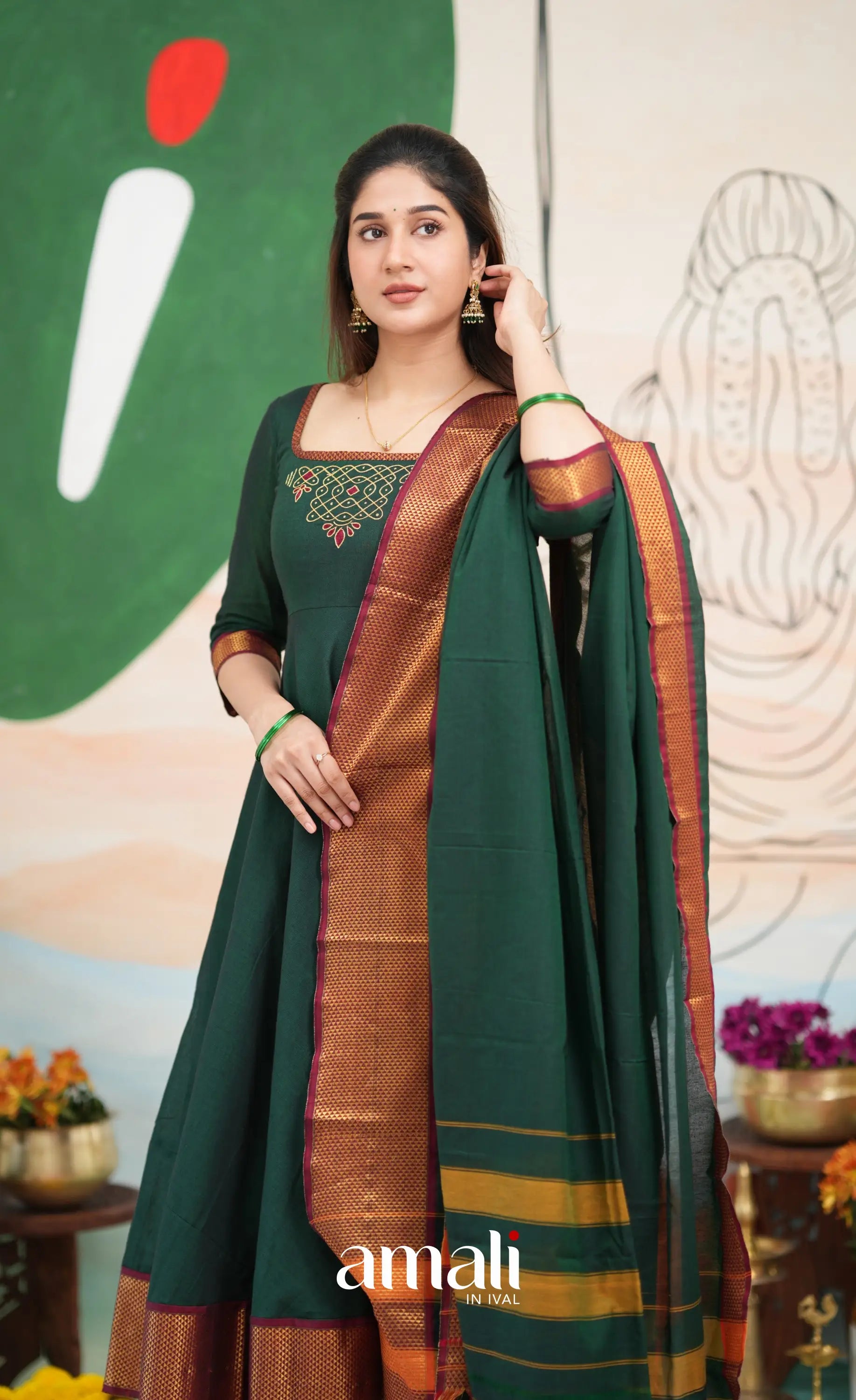 Bottle green and Maroon Narayanpet Cotton Anarkali - Anarkalis