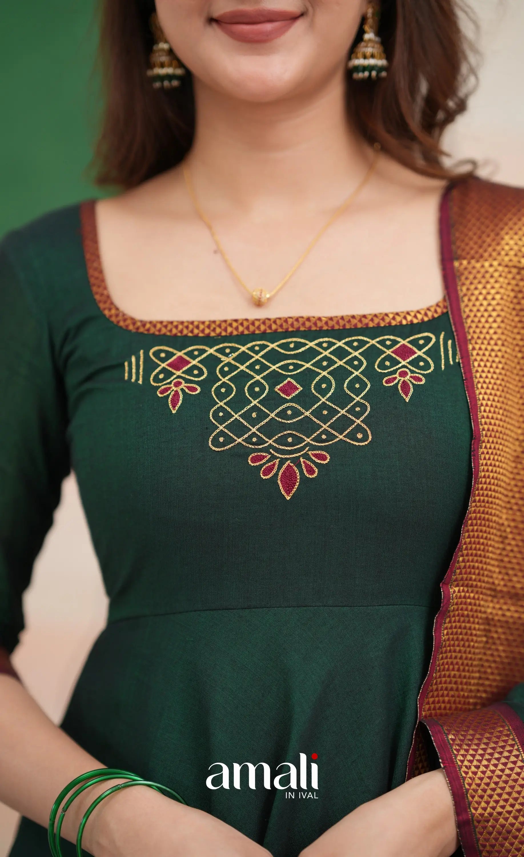 Bottle green and Maroon Narayanpet Cotton Anarkali - Anarkalis