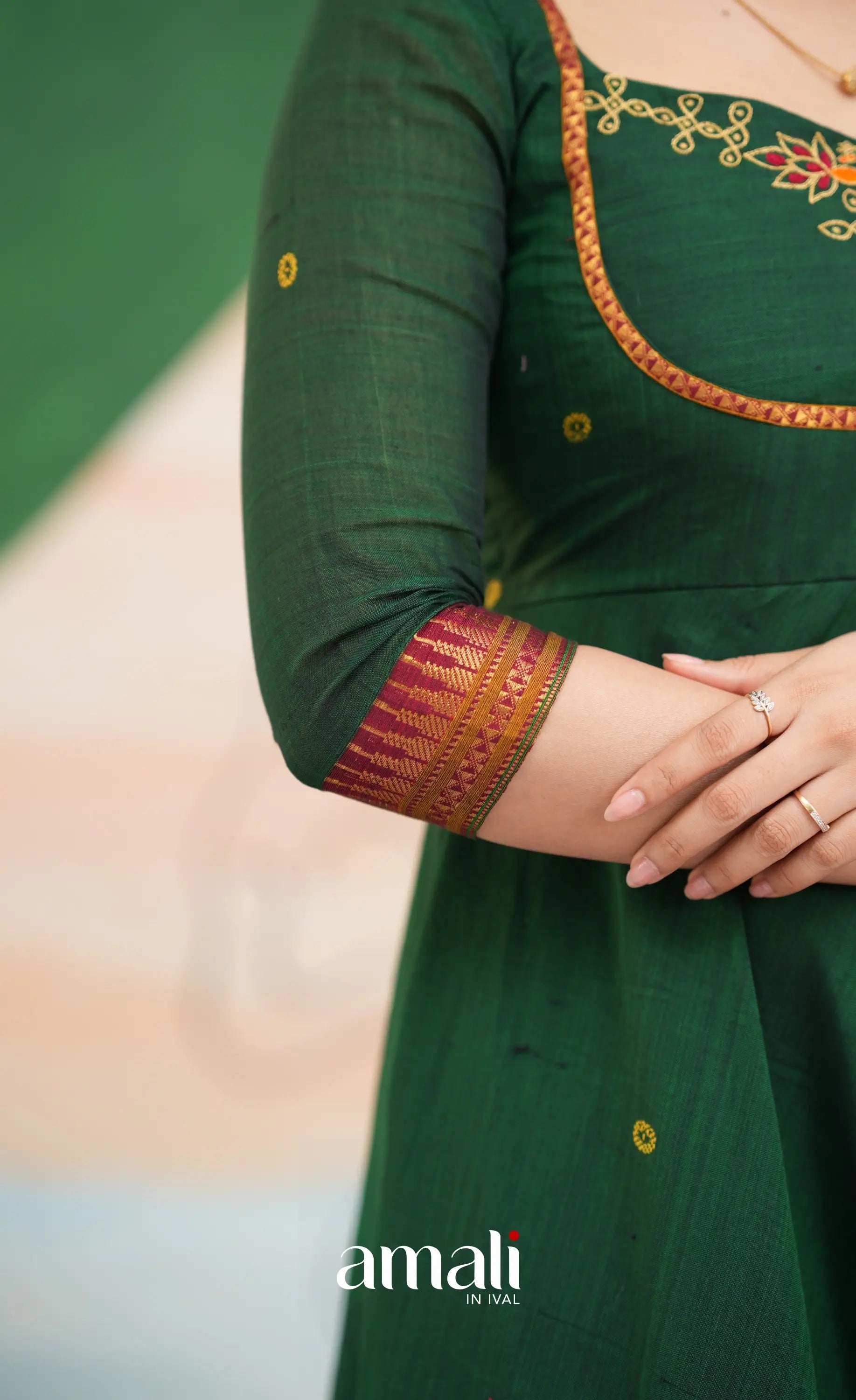 Bottle green and Mustard yellow Narayanpet Cotton Anarkali - Anarkalis