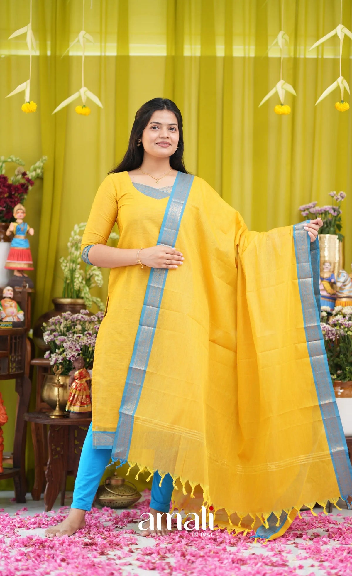 Bright yellow and Light blue Chettinad Cotton Salwar Set - salwar