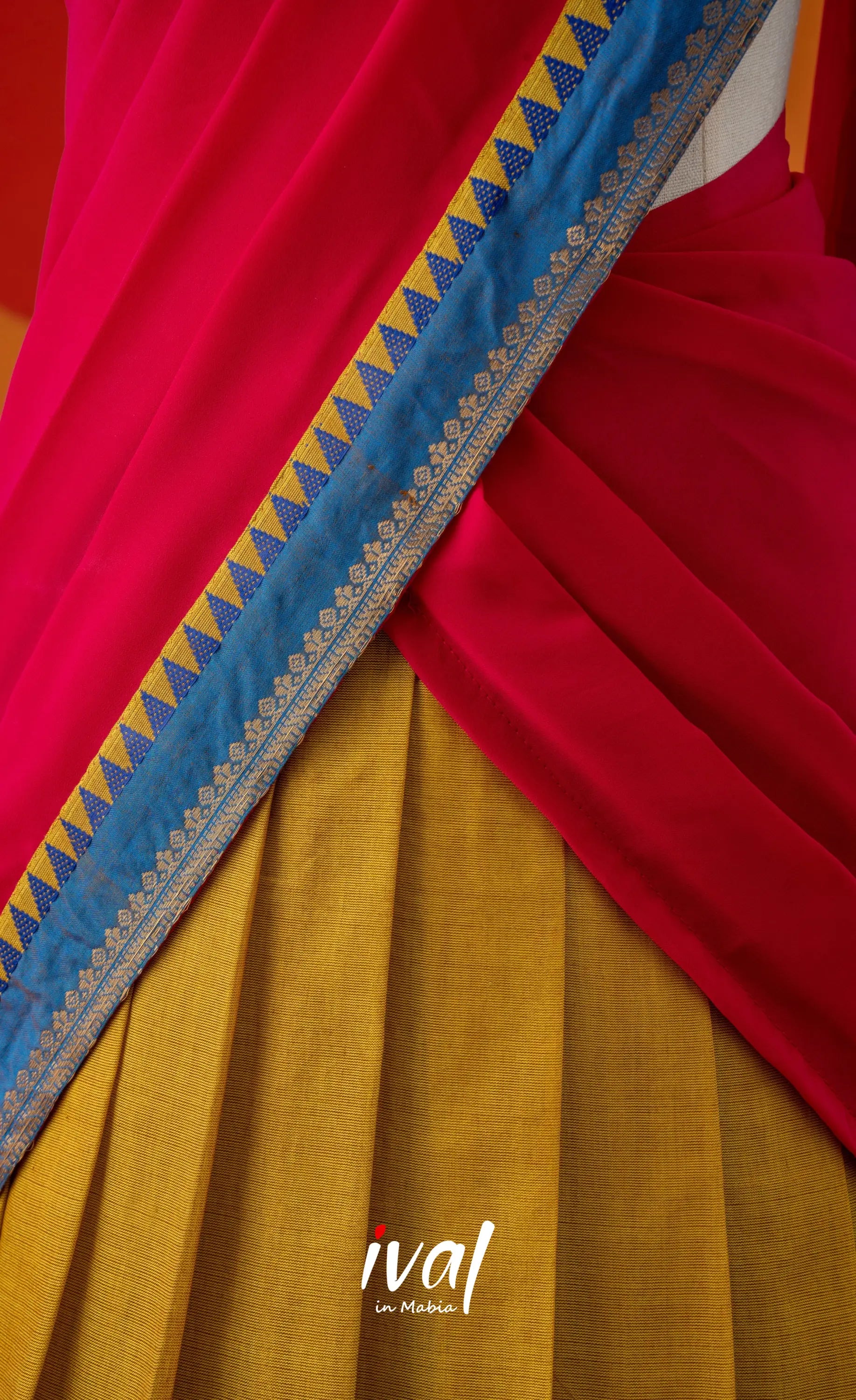 Bright Yellow with Pink Semi-Stitched Cotton Halfsaree Half Sarees