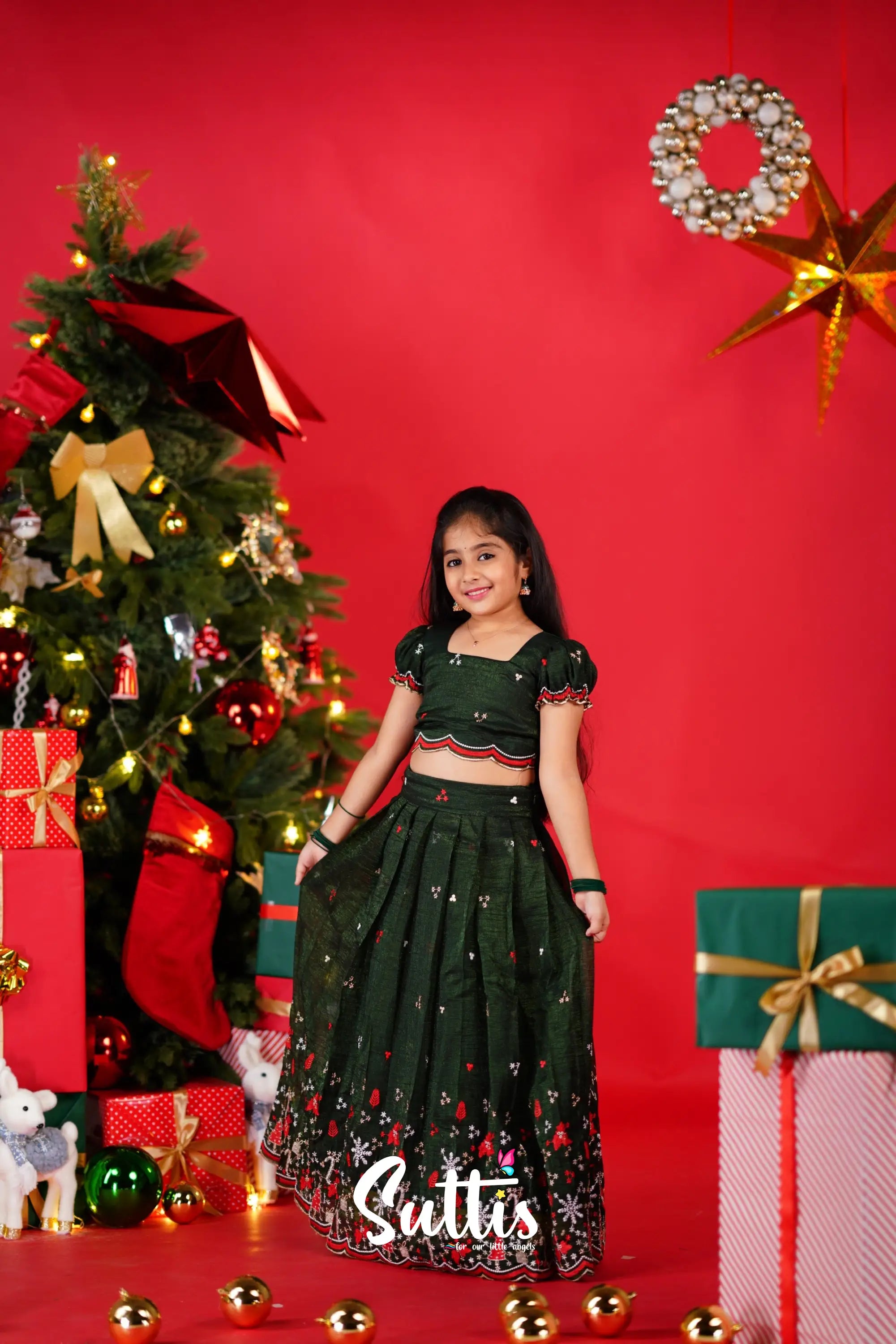 Christmas Croptop & Skirt - Dark Green Kids-Suttis