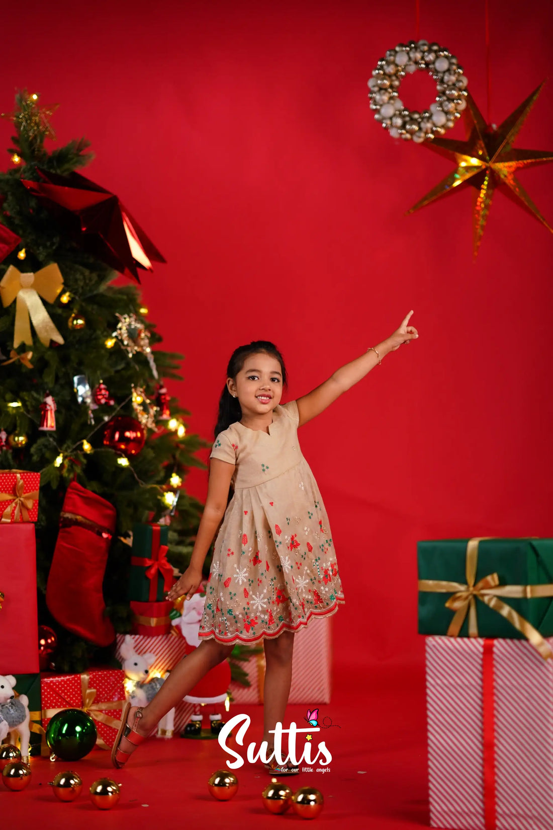 Christmas Frock - Light Cream Kids-Suttis