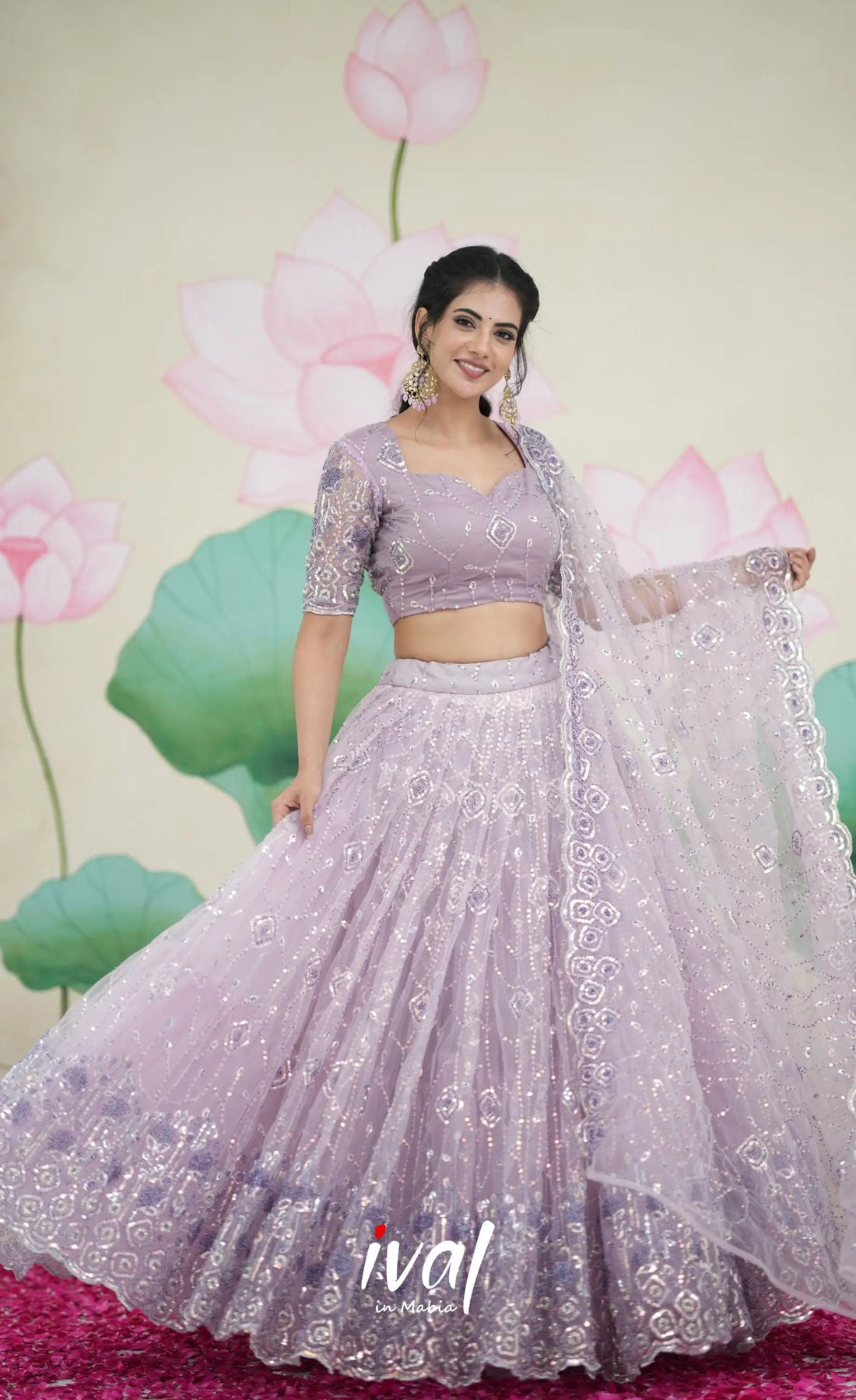 Coral - Lavender Net Lehenga crop top and skirts