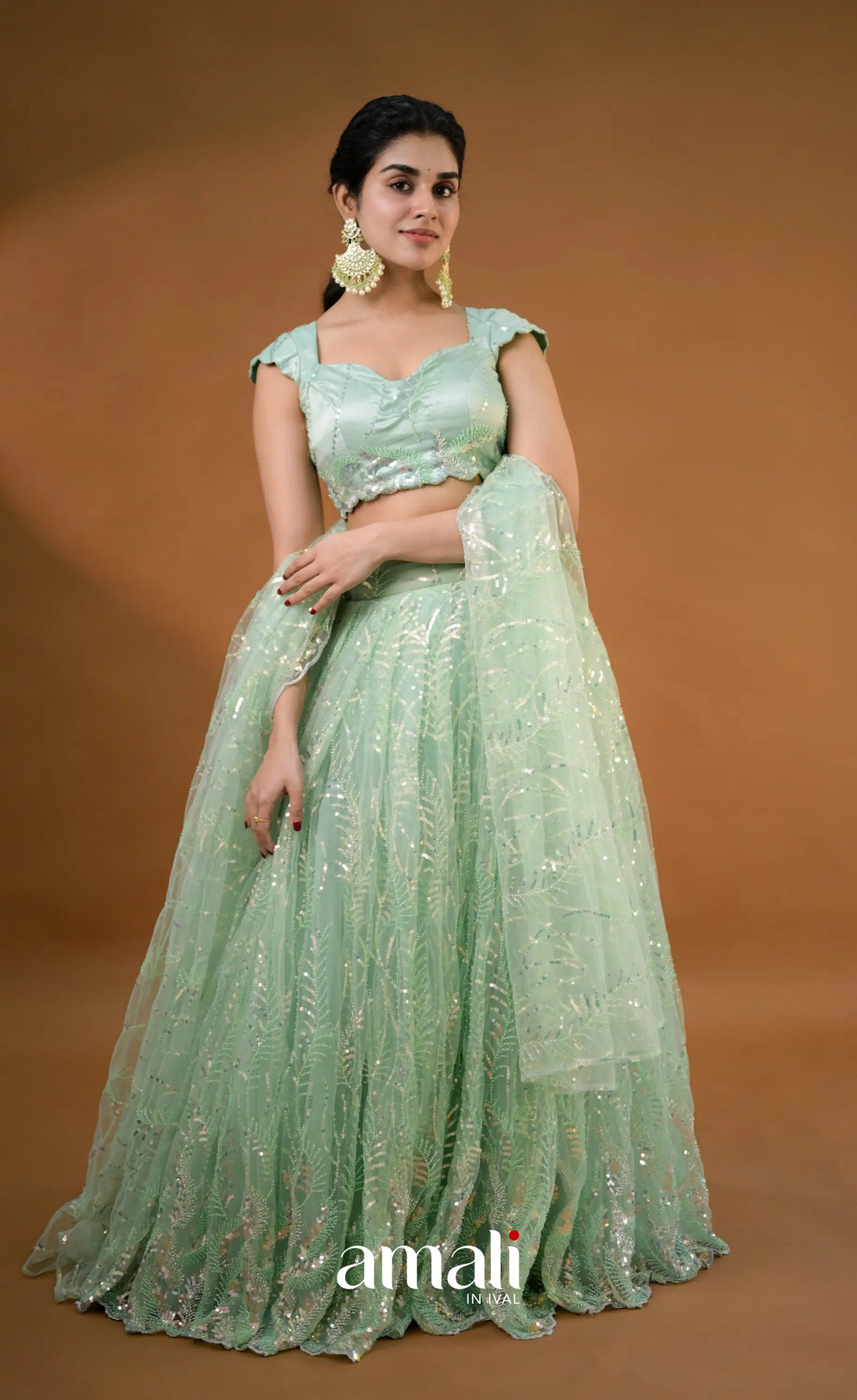 Coral - Light Teal Green Net Lehenga crop top and skirts