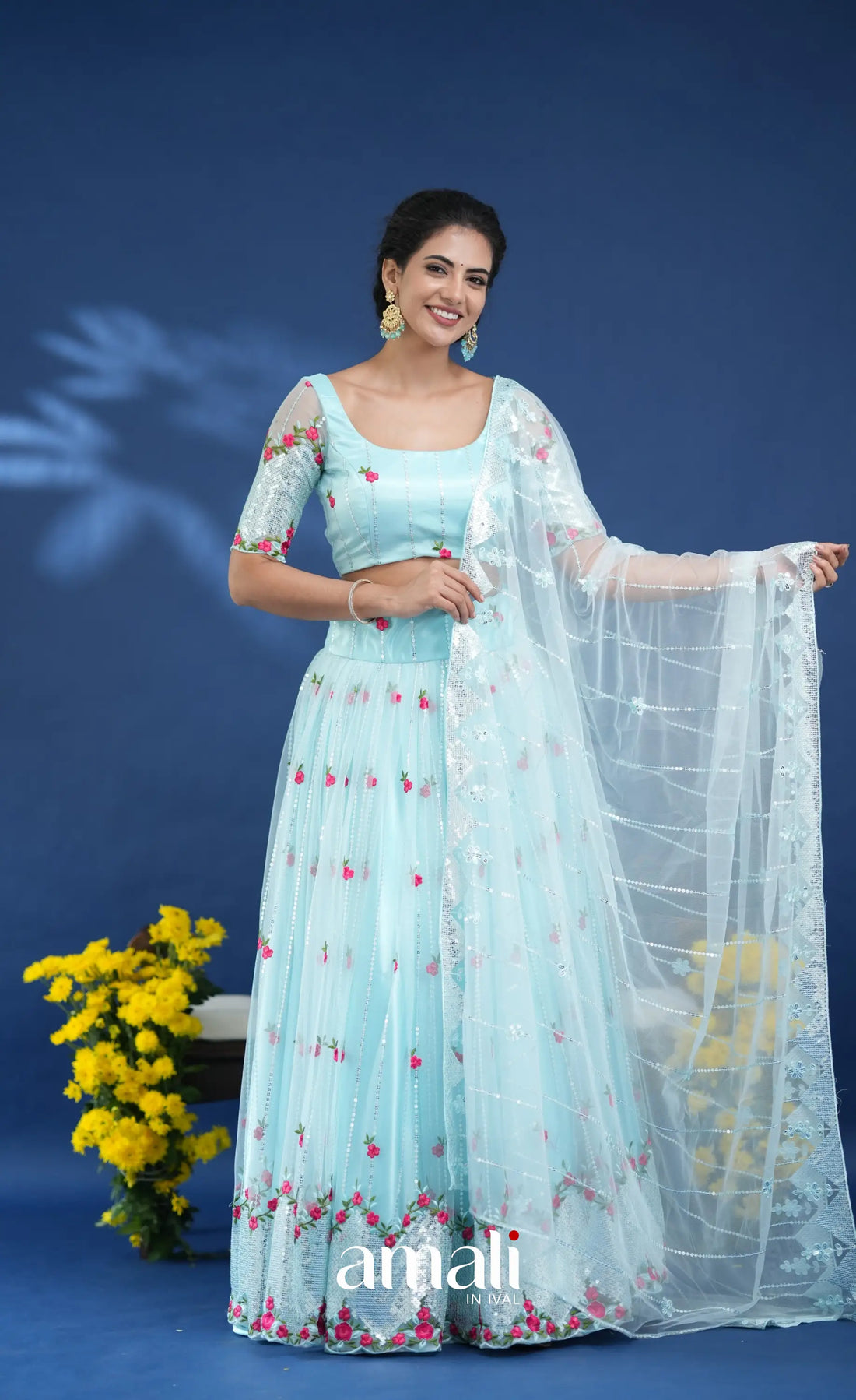 Coral Pastel Blue Net Lehenga crop top and skirts
