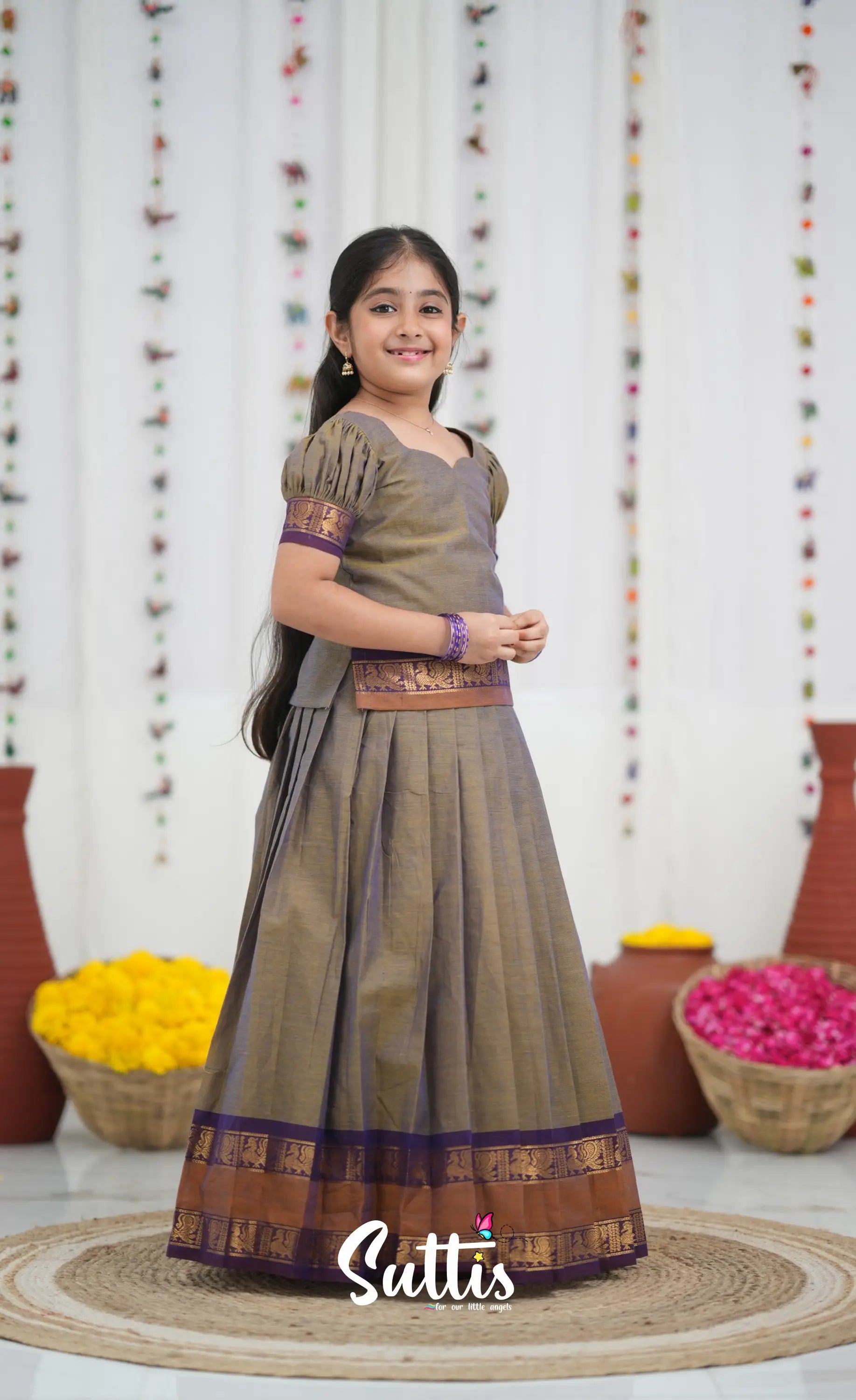 Cotton Pavadai Sattai Brownish grey and dark plum Kids Suttis