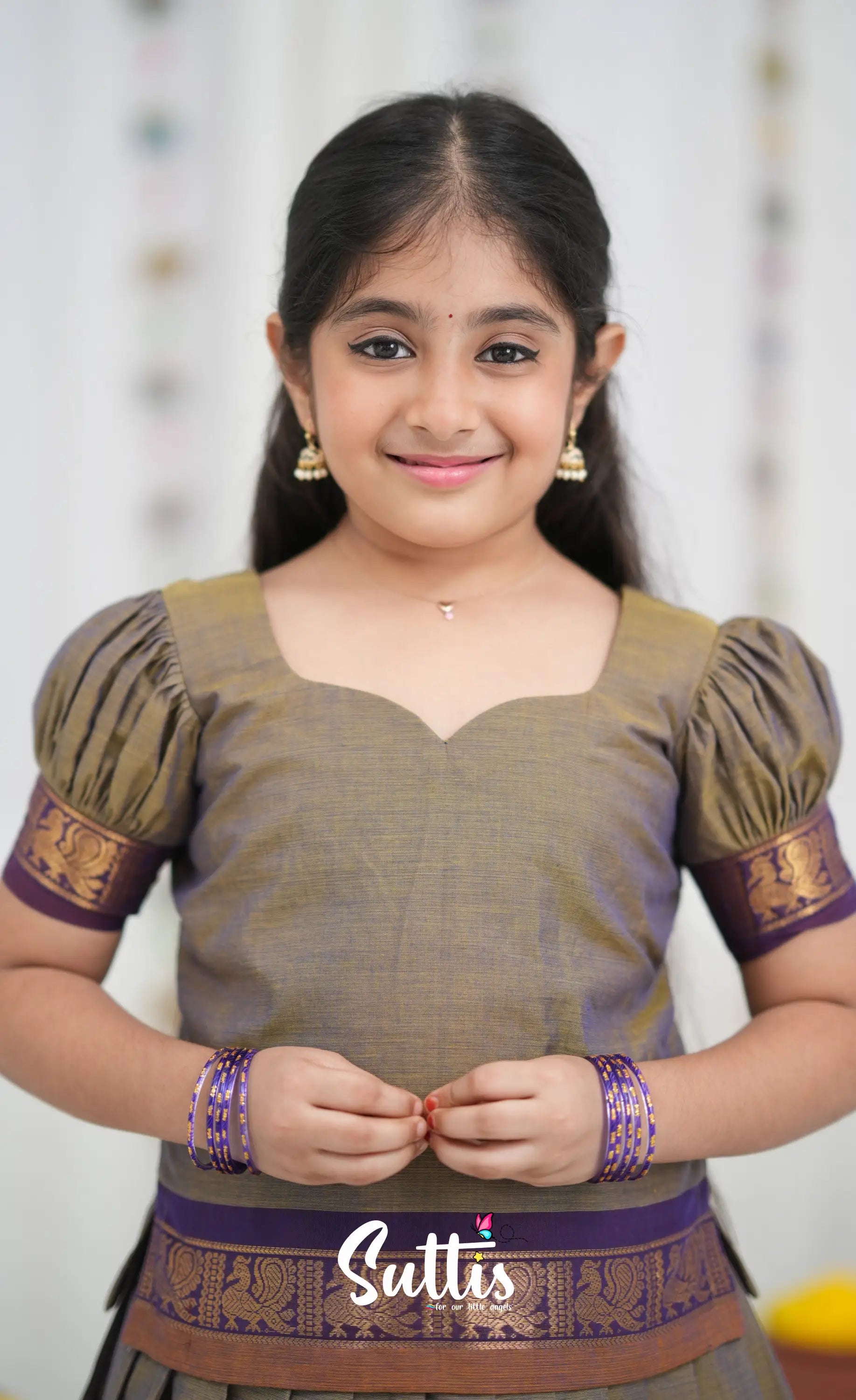 Cotton Pavadai Sattai Brownish grey and dark plum Kids Suttis