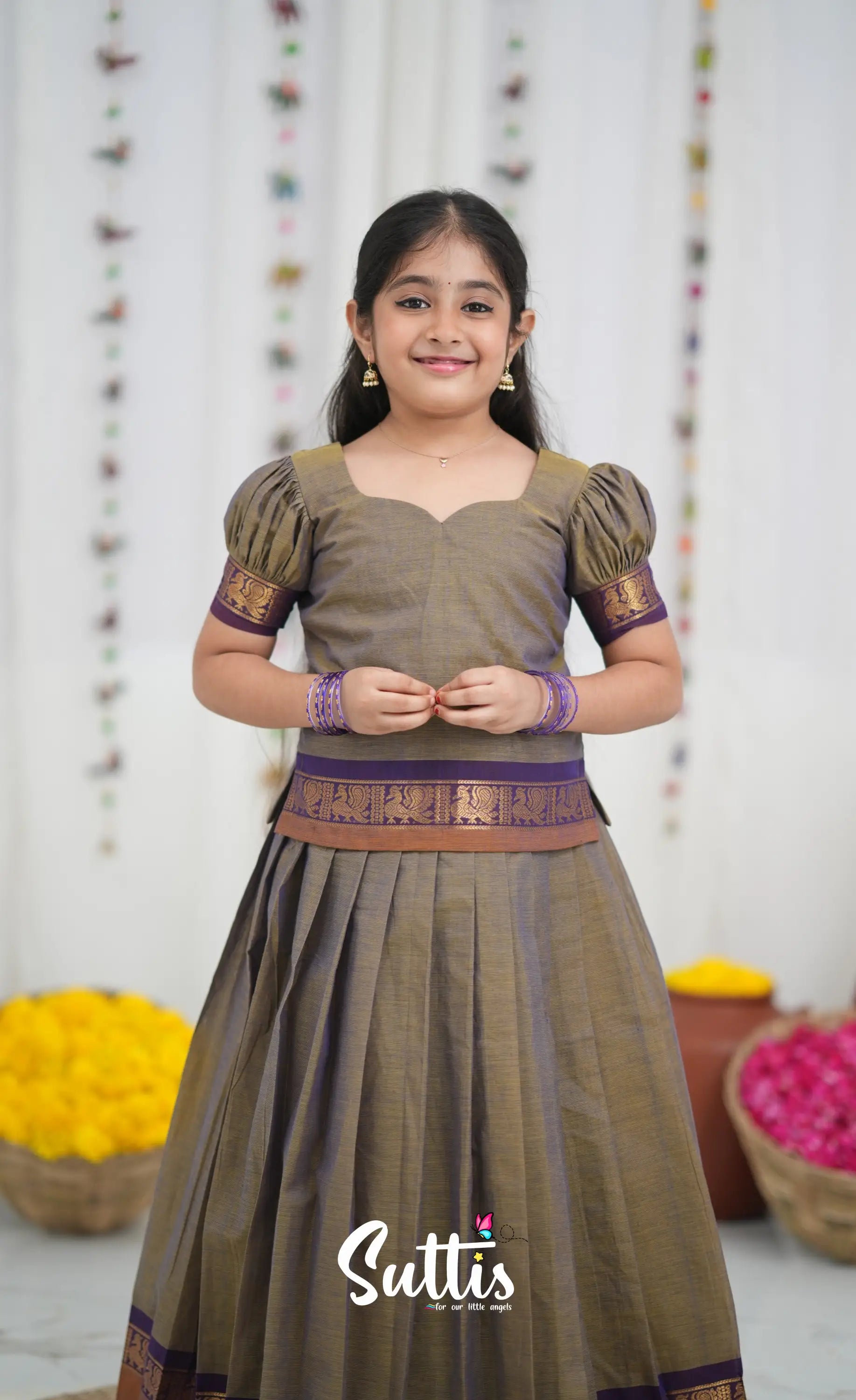 Cotton Pavadai Sattai Brownish grey and dark plum Kids Suttis