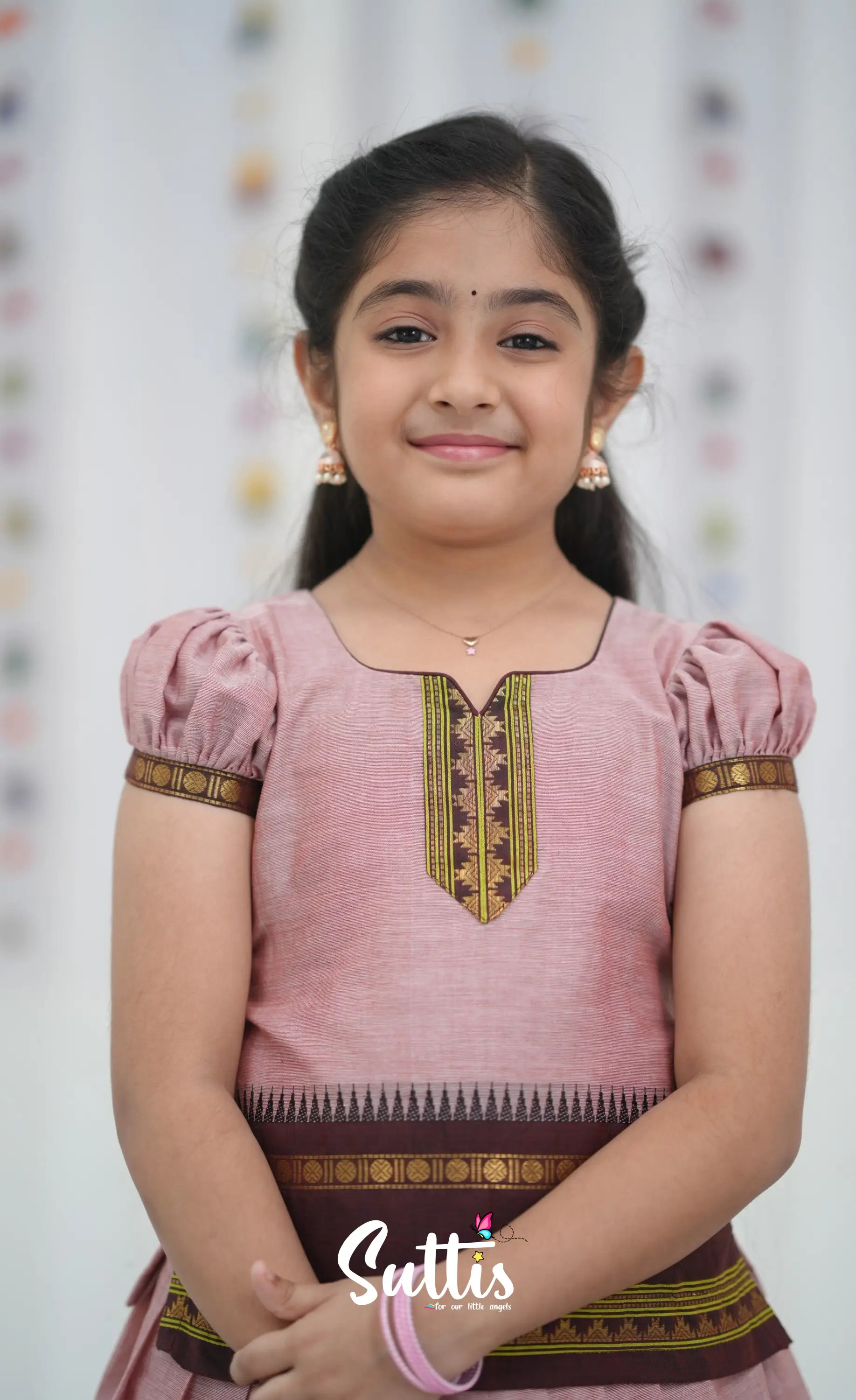 Cotton Pavadai Sattai - Dusky Pink and Brownish Maroon Kids-Suttis