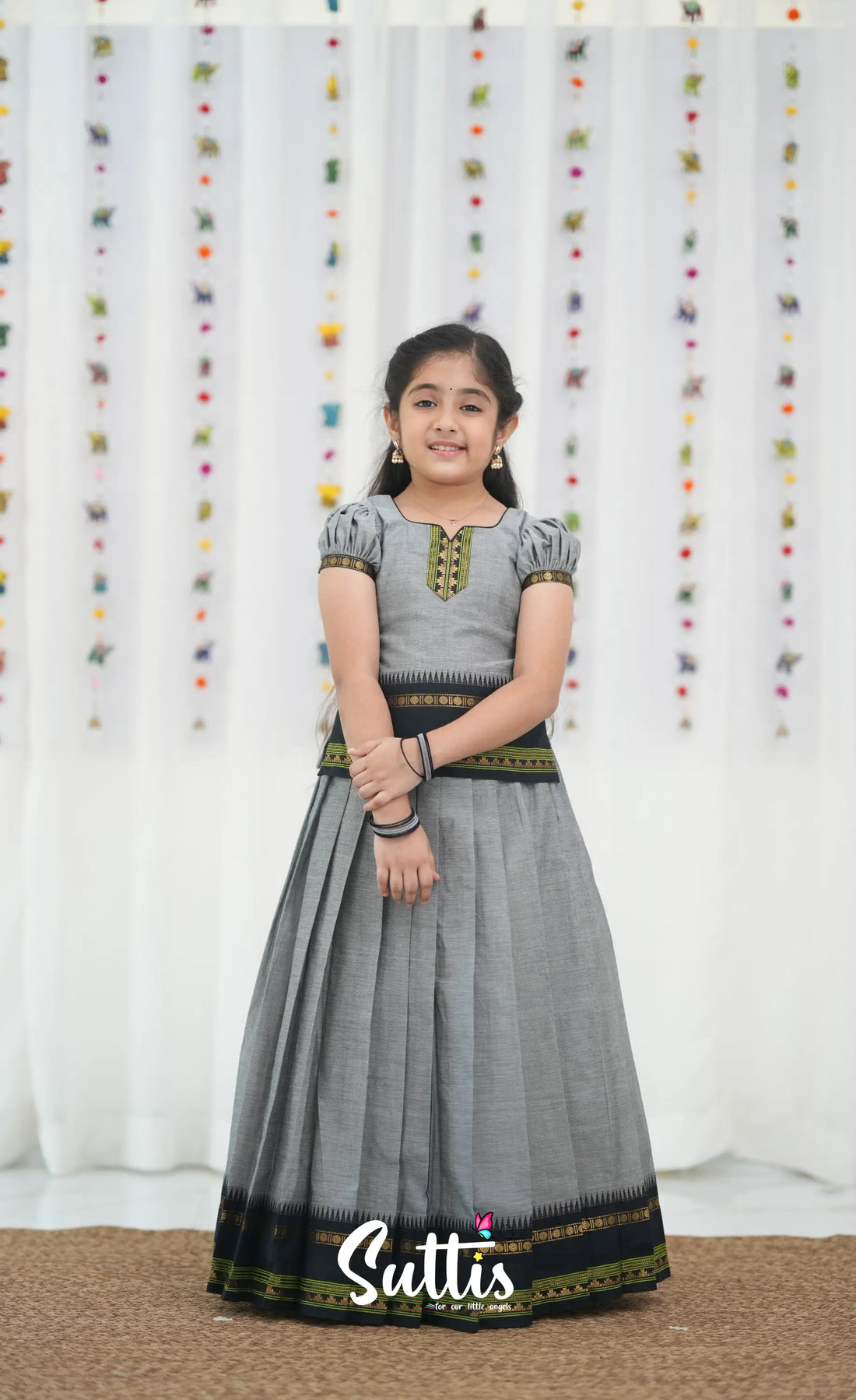 Cotton Pavadai Sattai - Grey and Black Kids-Suttis