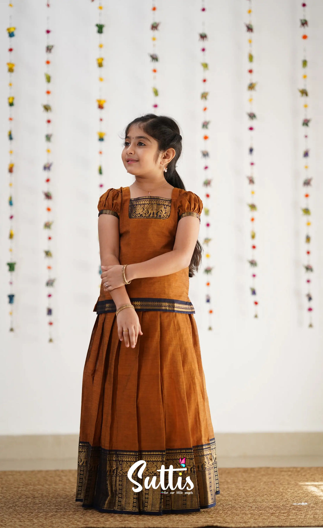 Cotton Pavadai Sattai - Light Brown & Navy Blue Kids-Suttis