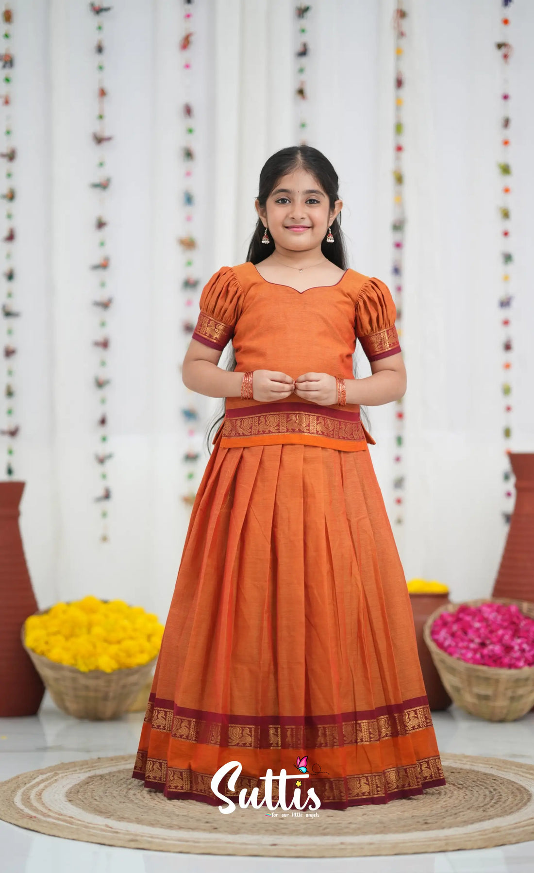Cotton Pavadai Sattai Orange and Red Kids Suttis