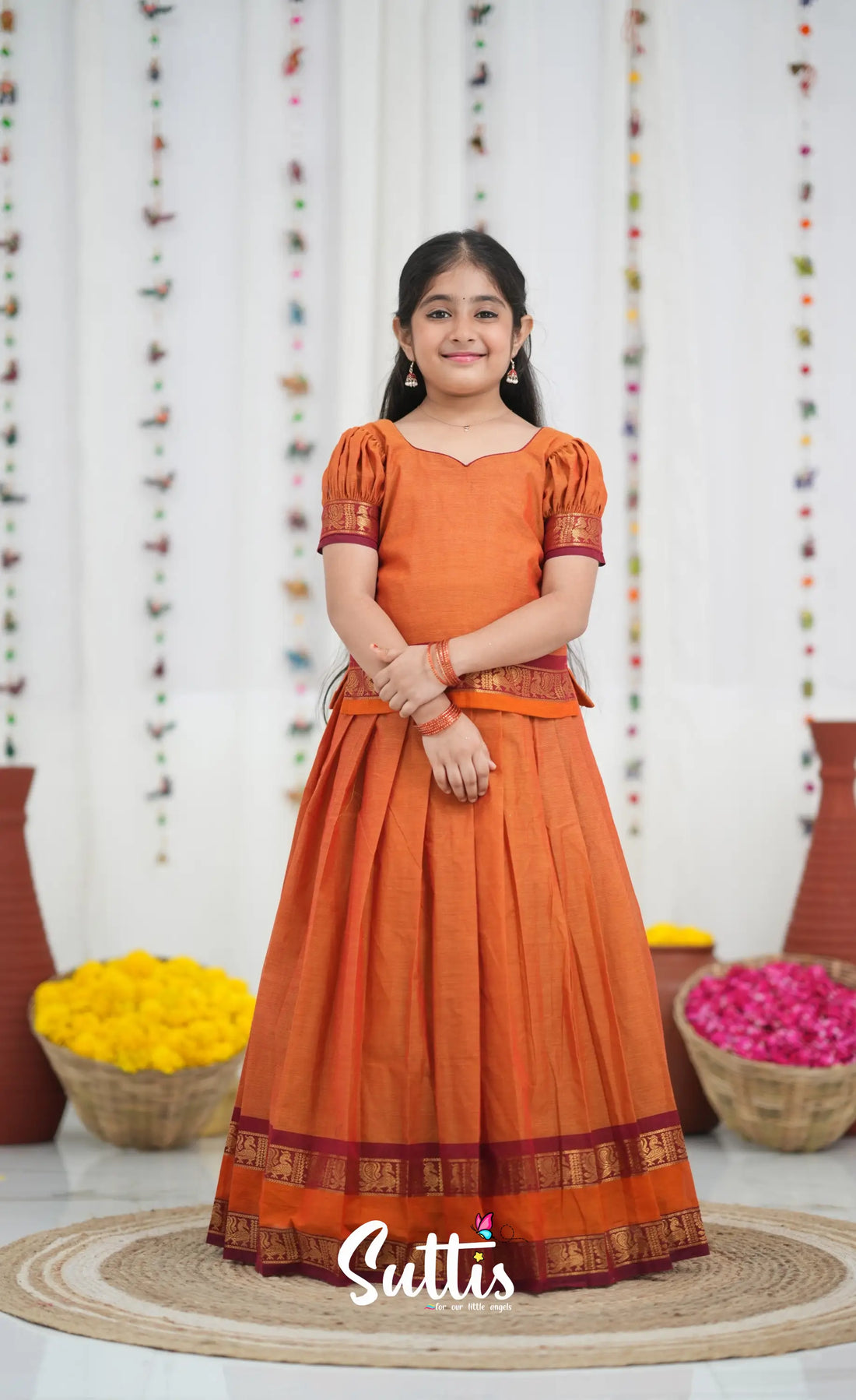Cotton Pavadai Sattai Orange and Red Kids Suttis