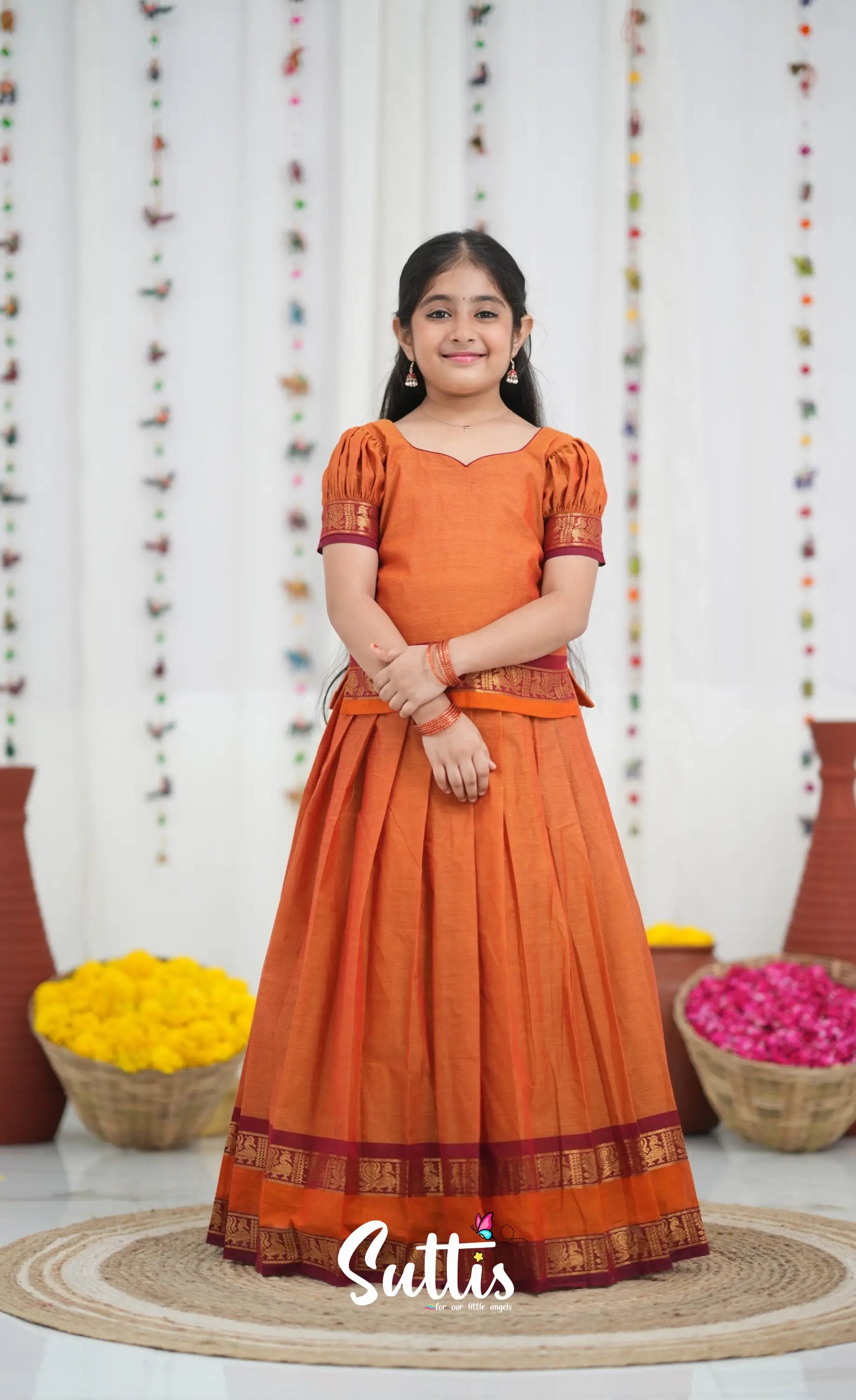 Cotton Pavadai Sattai Orange and Red Kids Suttis