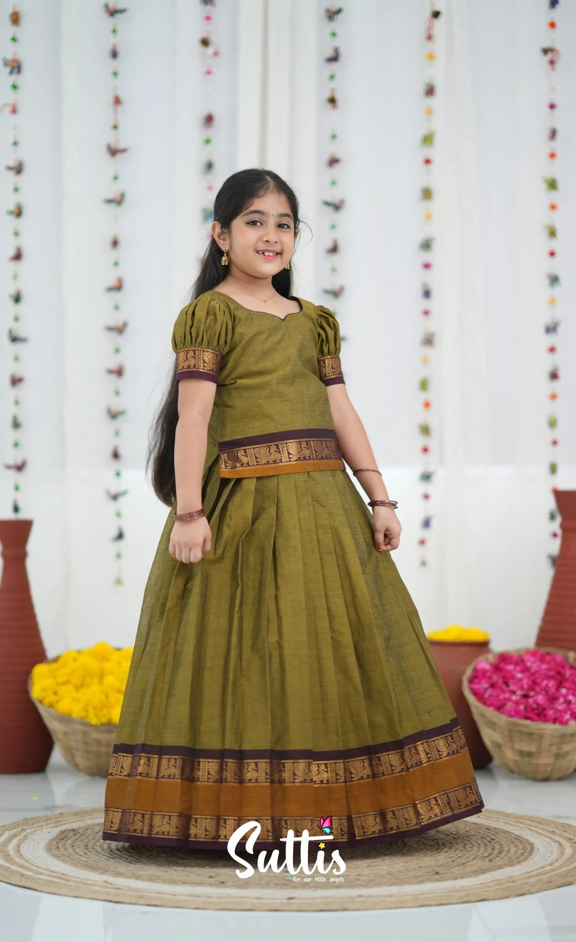 Cotton Pavadai Sattai Two tone Henna Brown and maroon Kids Suttis