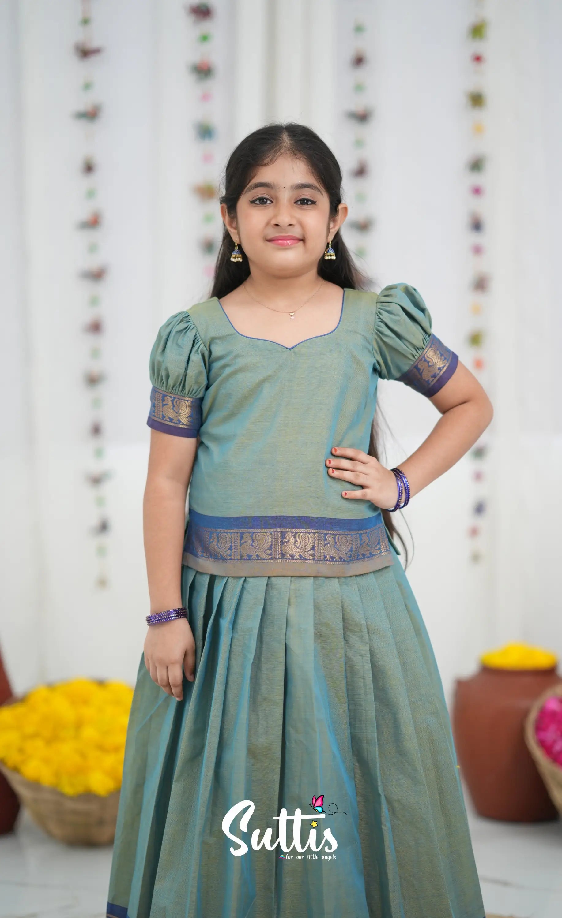 Cotton Pavadai Sattai Two tone Light Blue and Blue Kids Suttis