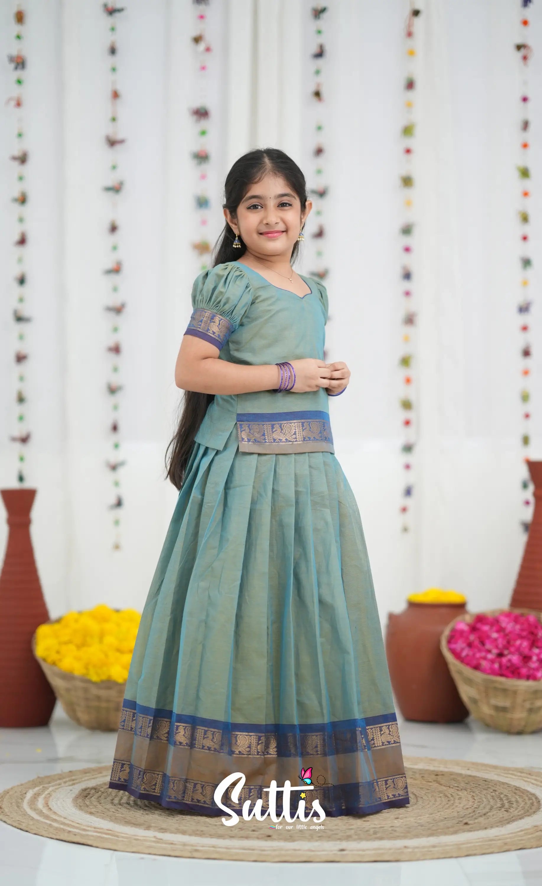 Cotton Pavadai Sattai Two tone Light Blue and Blue Kids Suttis