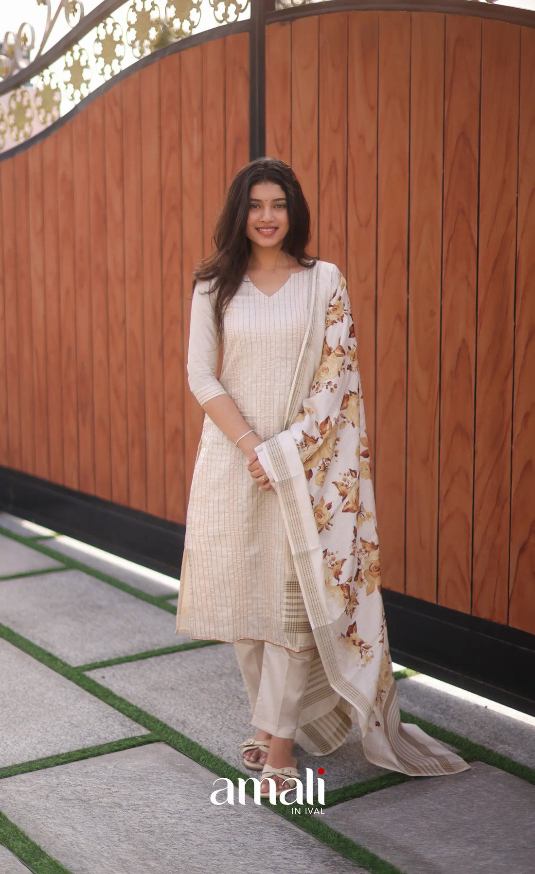 Creamish white and Light brown Semi Tussar Salwar - salwar