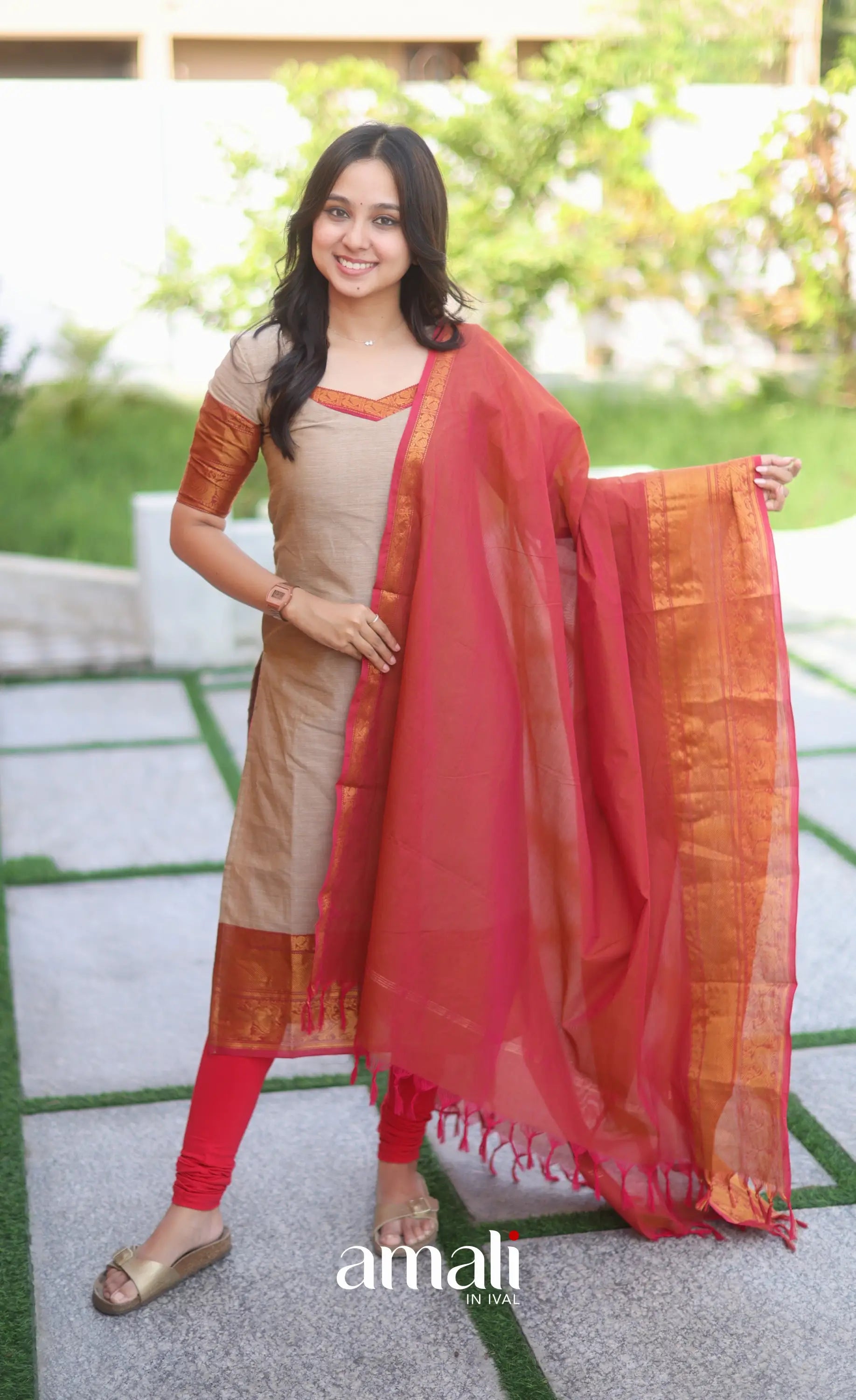 Dark beige and Deep red Chettinad Cotton Salwar Set - salwar