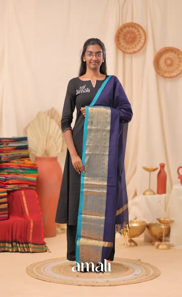 Dark Blue With Light Blue Chettinad Cotton Dupatta salwar