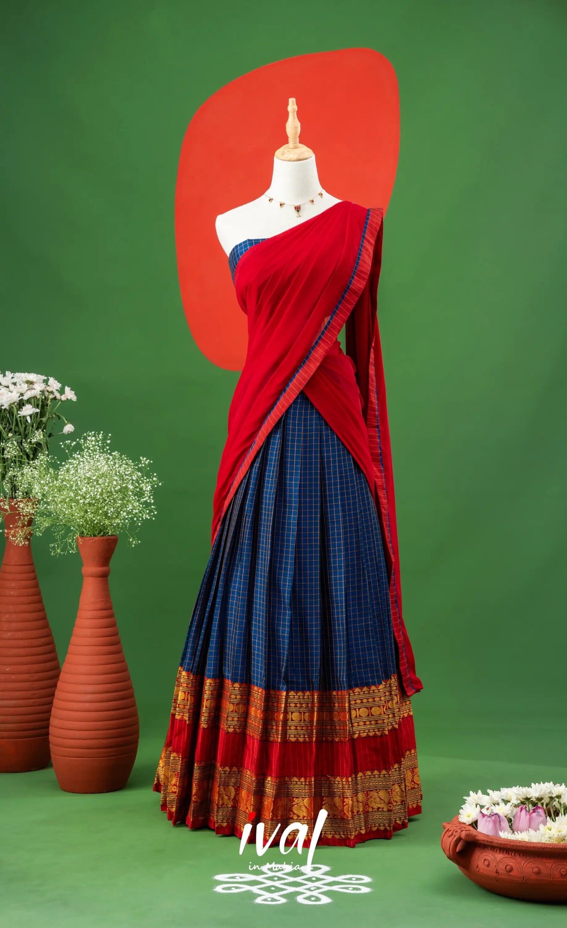 Dark Blue with Red Semi-Stitched Cotton Halfsaree Half Sarees