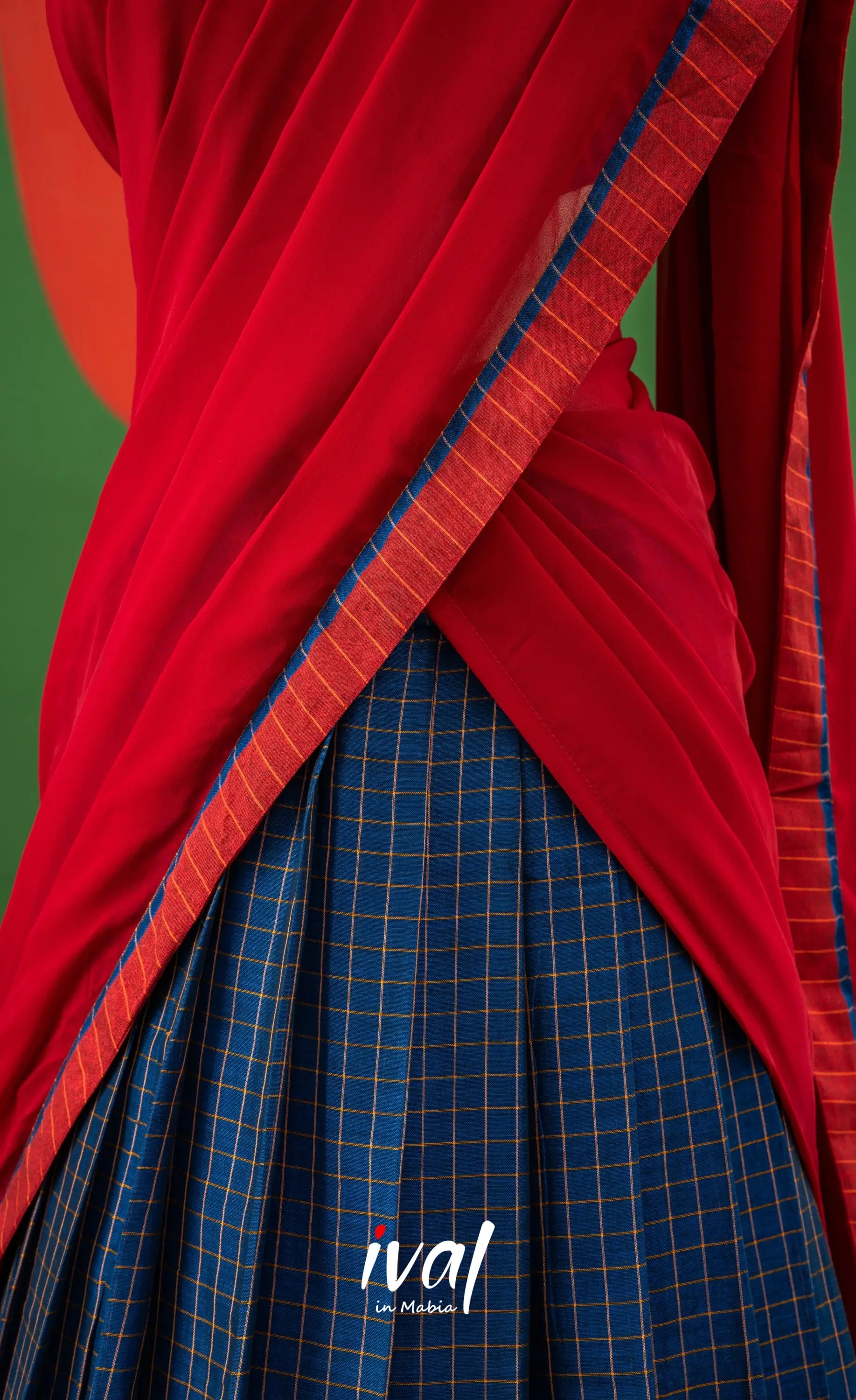 Dark Blue with Red Semi-Stitched Cotton Halfsaree Half Sarees