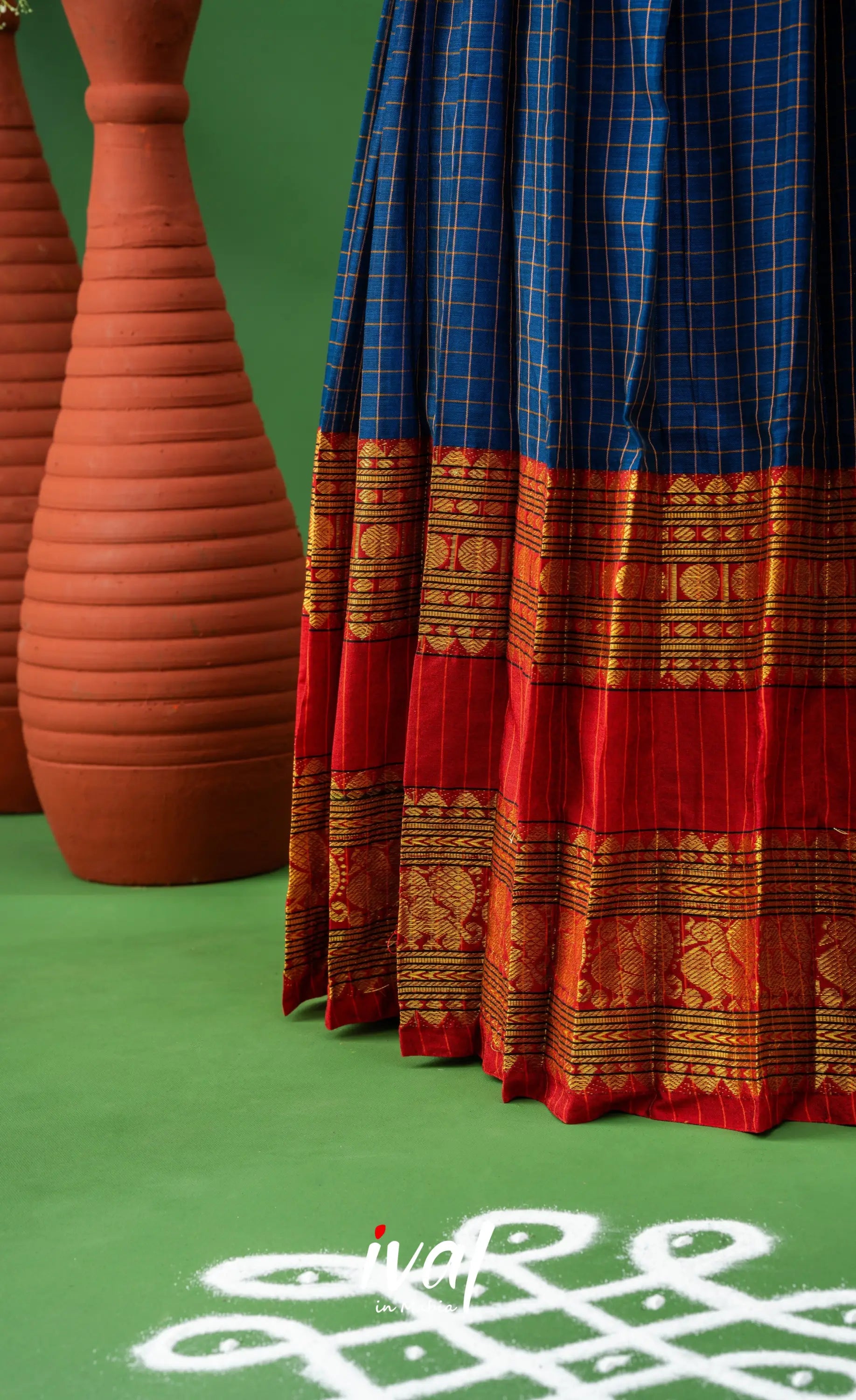 Dark Blue with Red Semi-Stitched Cotton Halfsaree Half Sarees
