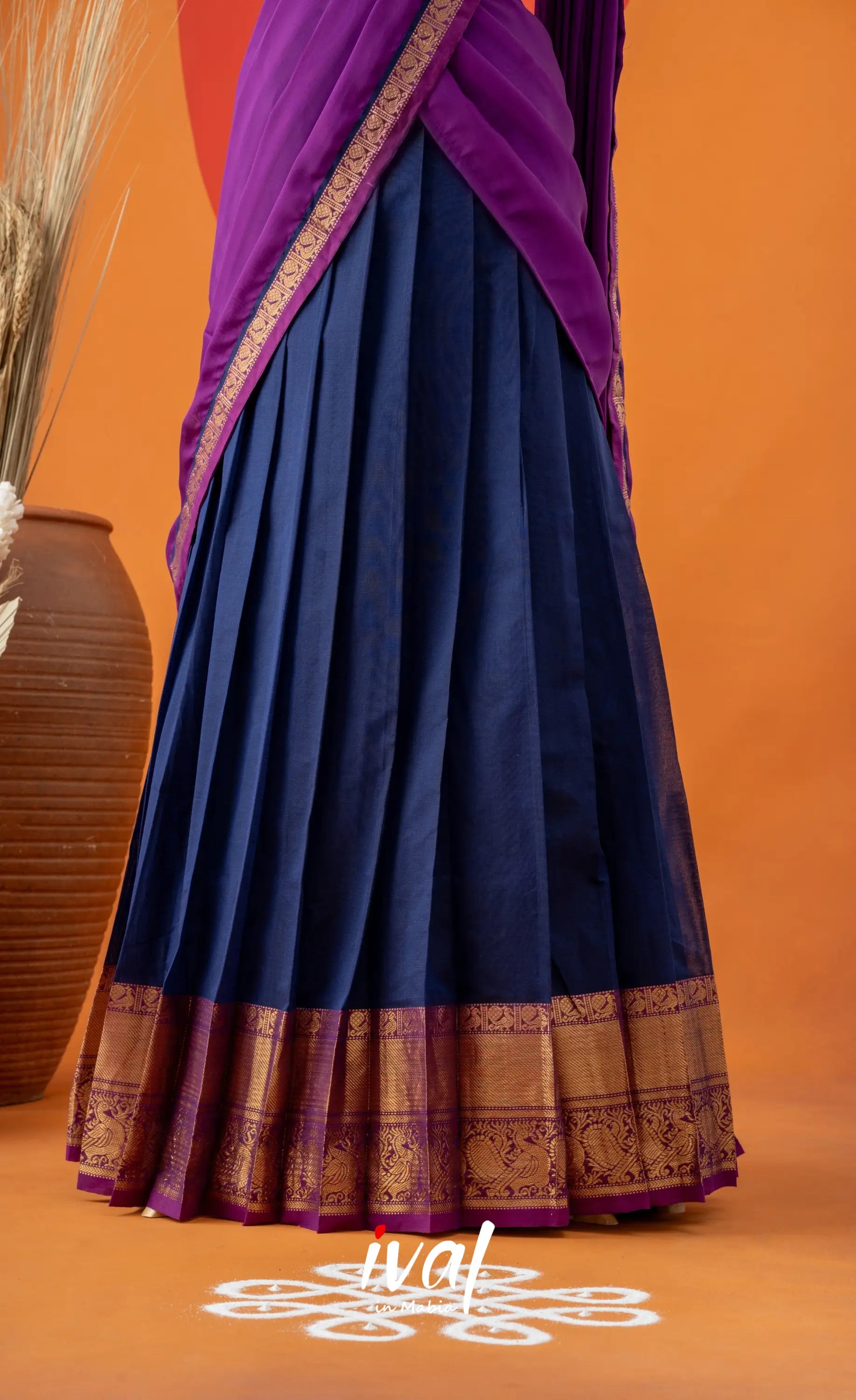 Dark Blue with Violet Semi-Stitched Cotton Halfsaree Half Sarees