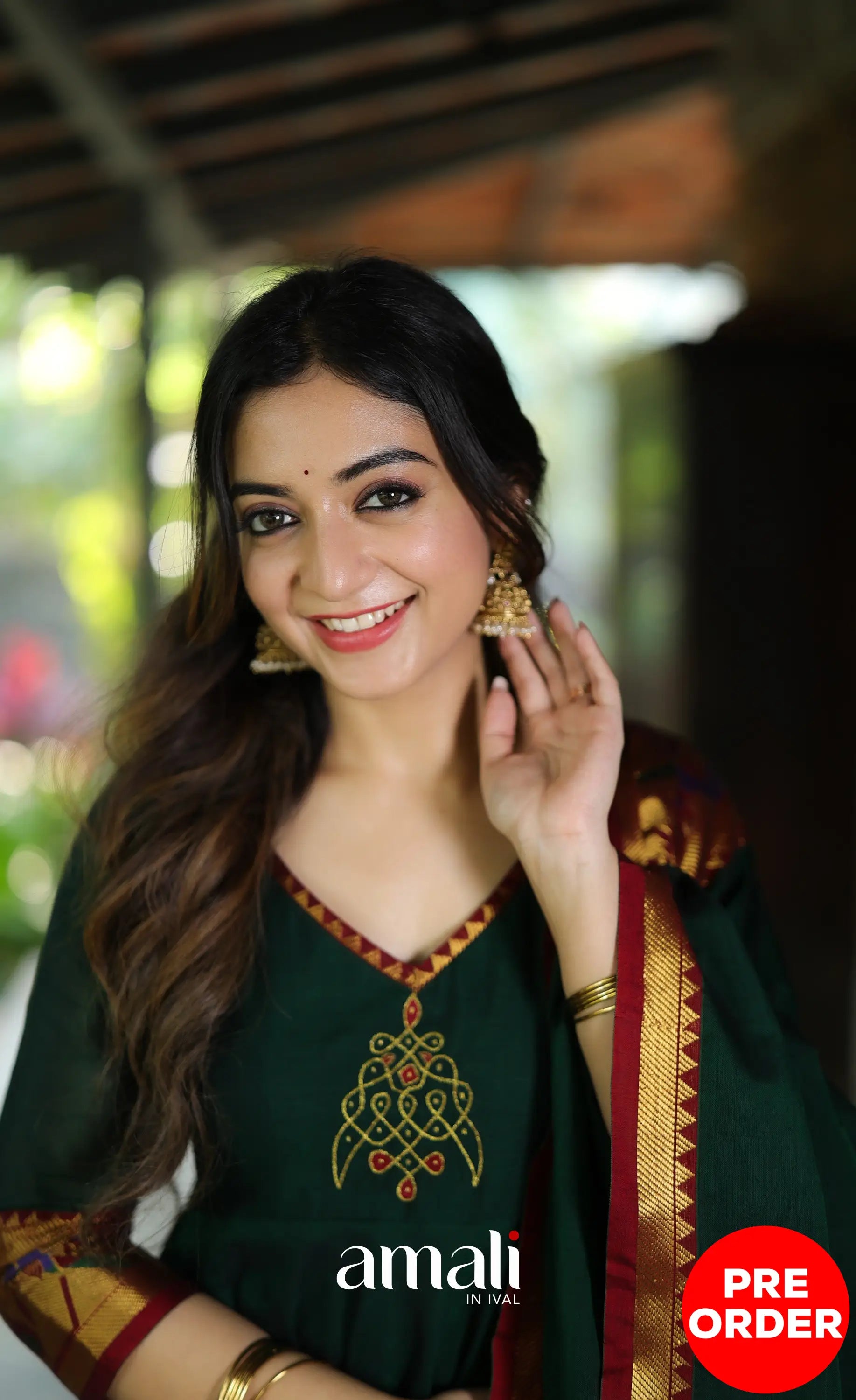 Dark Bottle green and Maroon Narayanpet Cotton Anarkali - Anarkalis