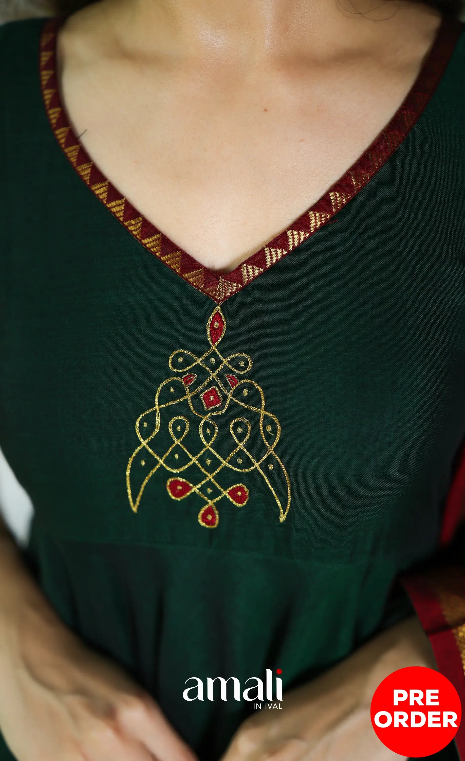 Dark Bottle green and Maroon Narayanpet Cotton Anarkali - Anarkalis