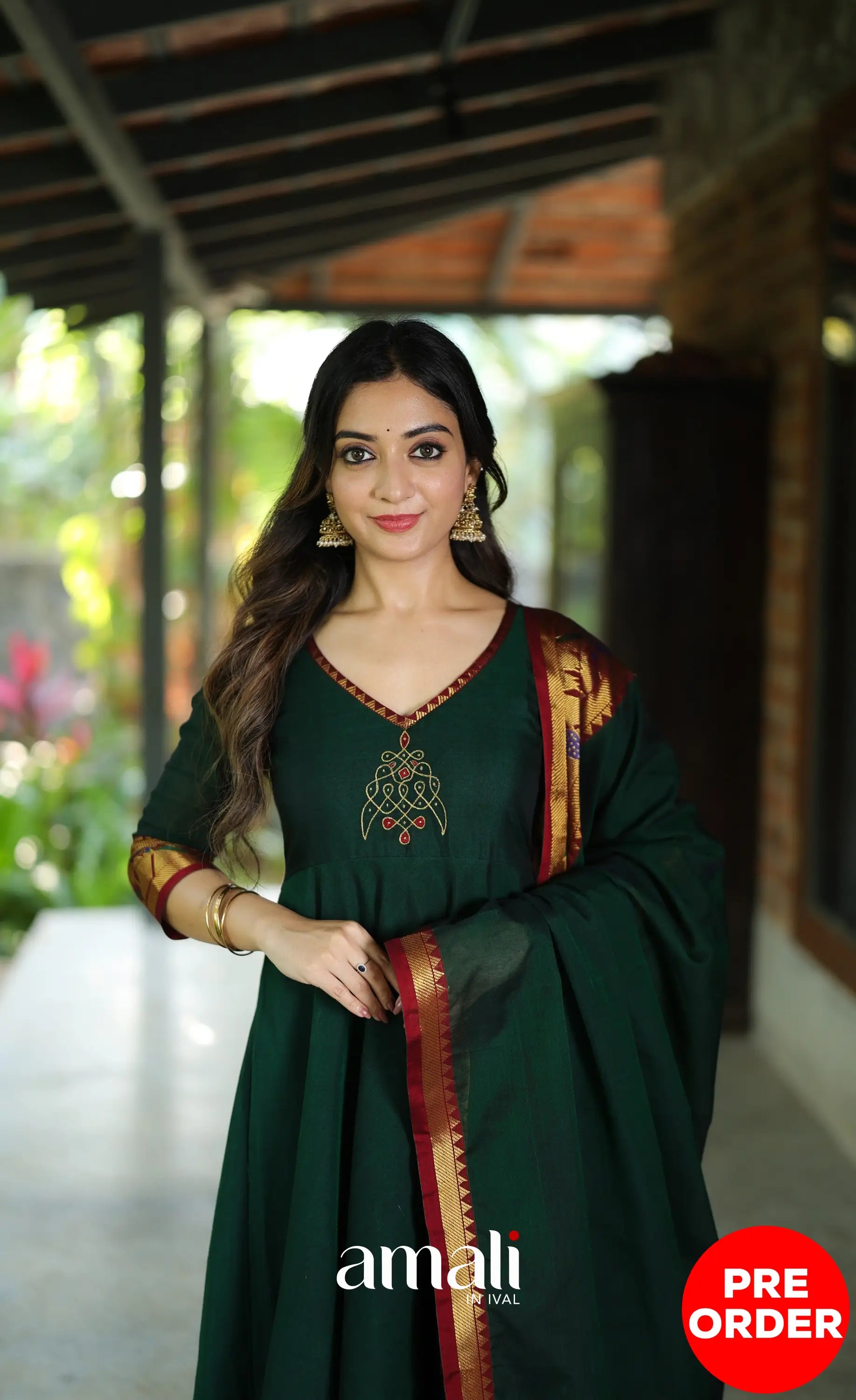 Dark Bottle green and Maroon Narayanpet Cotton Anarkali - Anarkalis