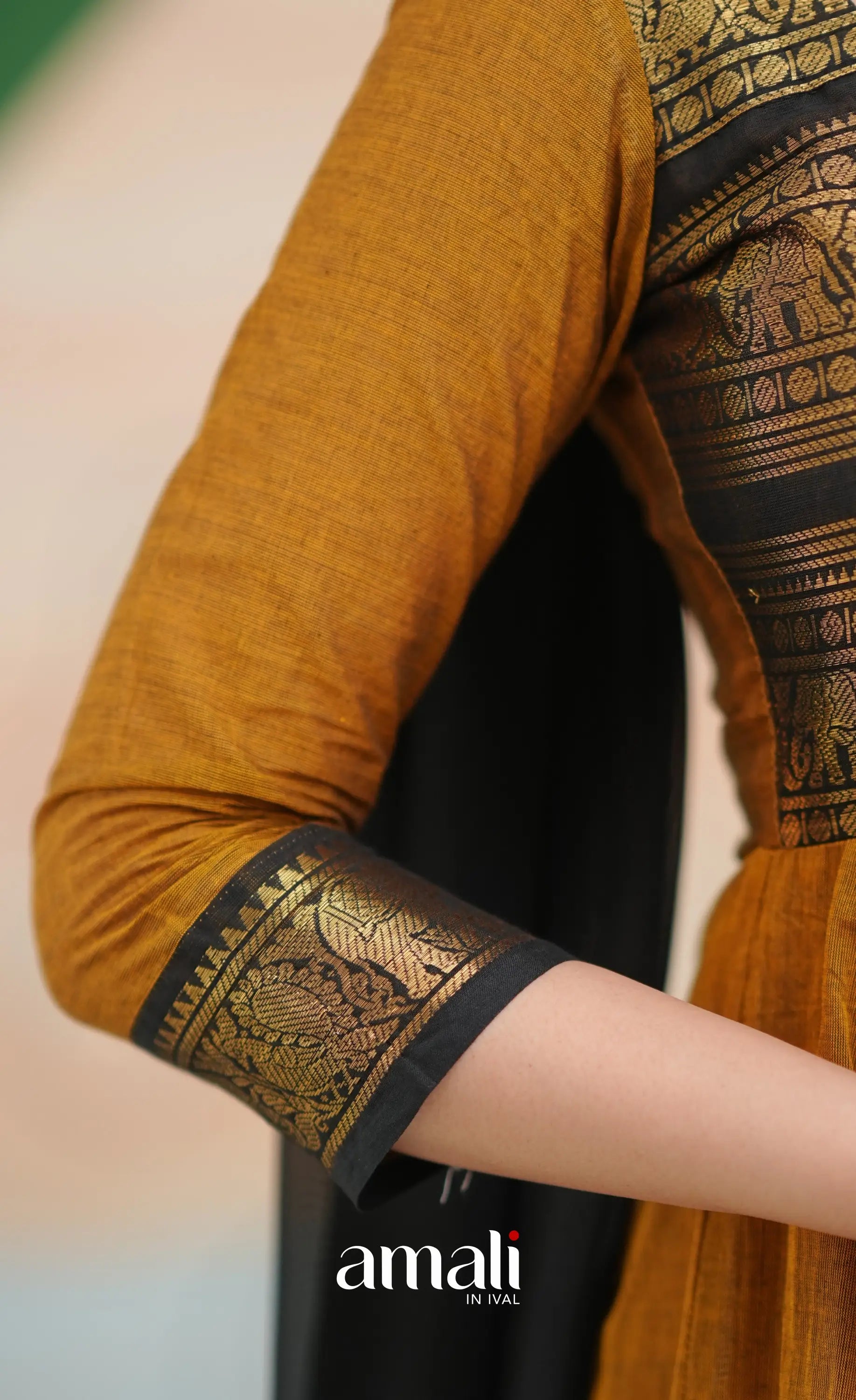 Dark Brownish mustard and Black Chettinad Cotton Anarkali - Anarkalis