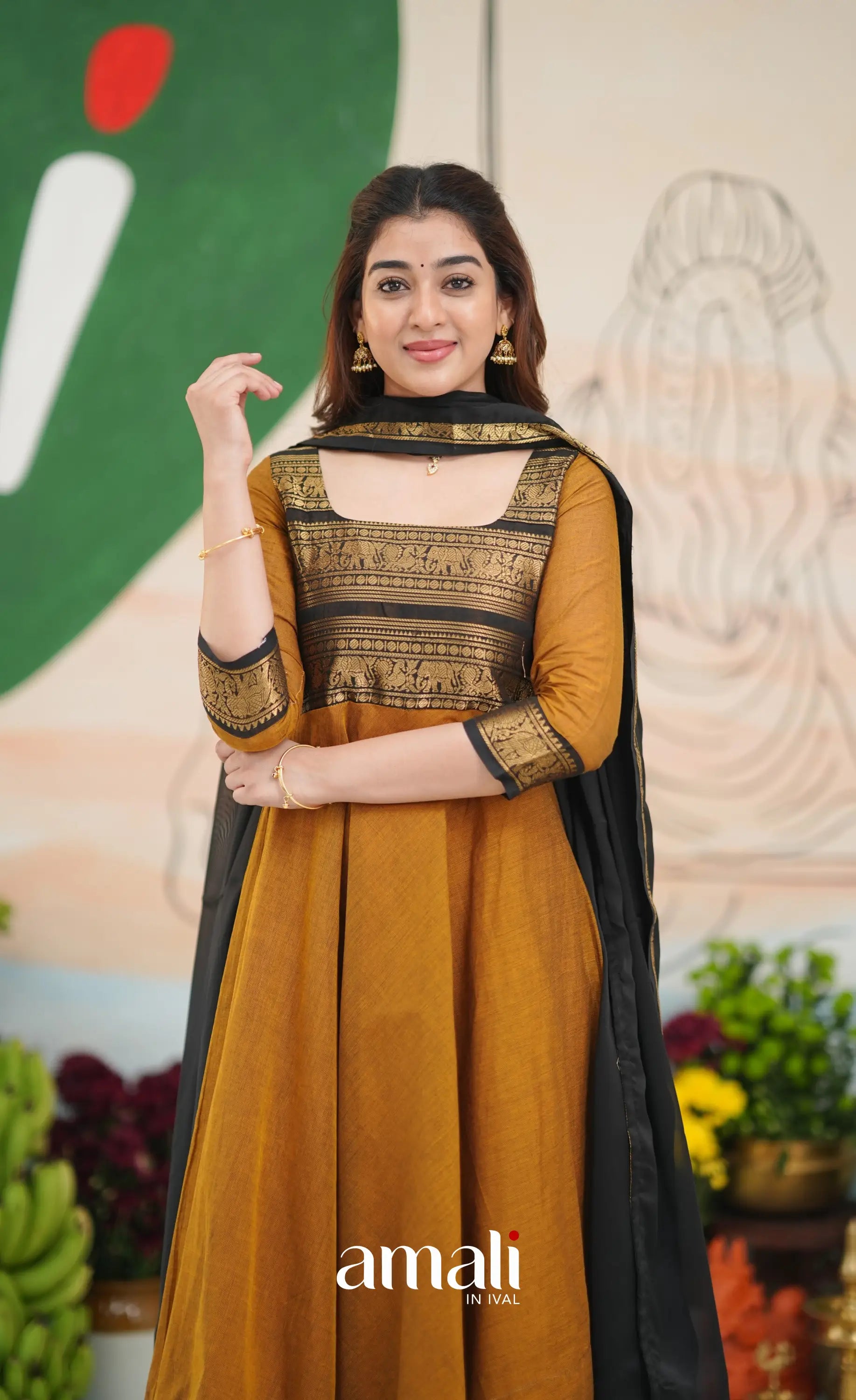 Dark Brownish mustard and Black Chettinad Cotton Anarkali - Anarkalis