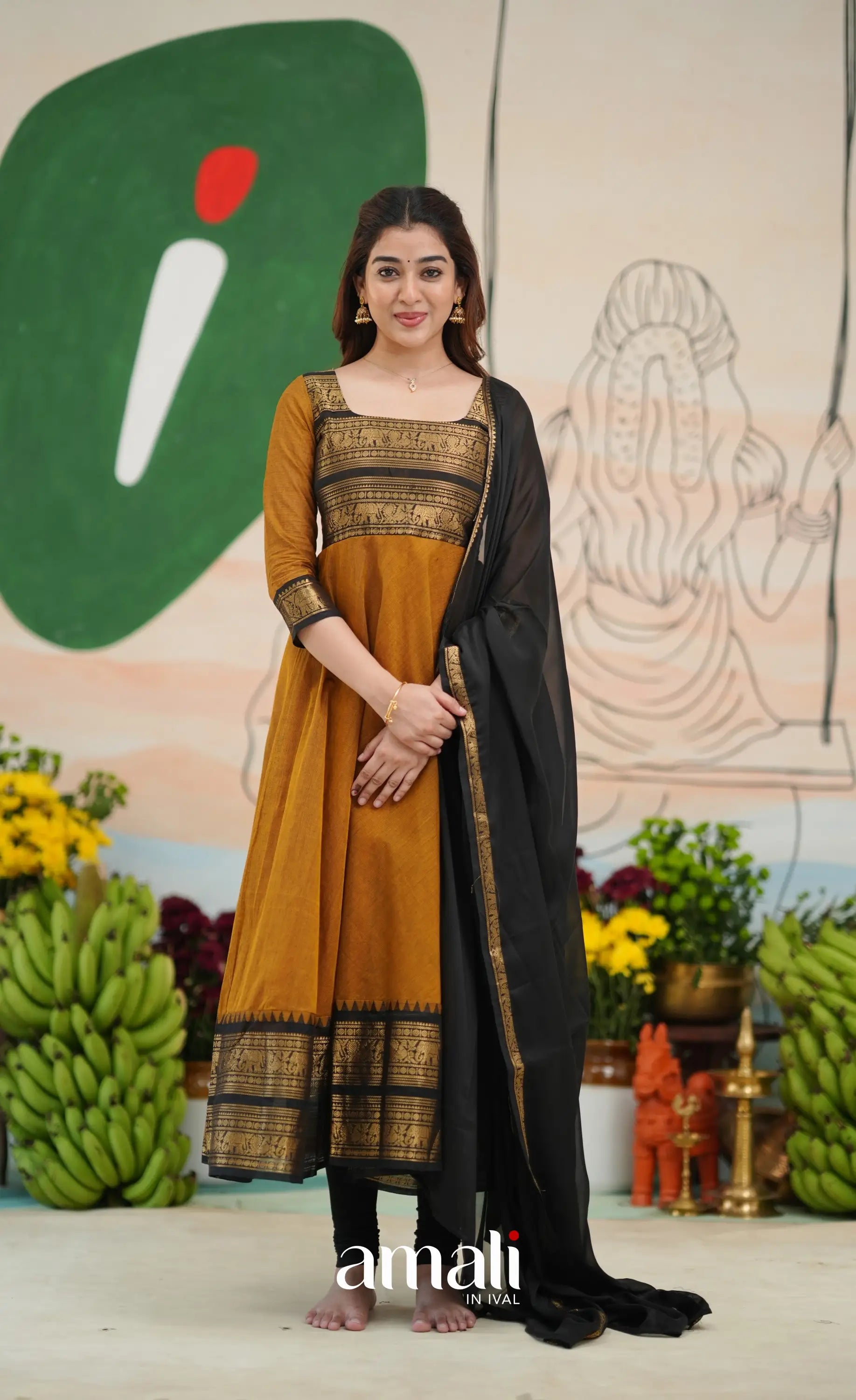 Dark Brownish mustard and Black Chettinad Cotton Anarkali - Anarkalis