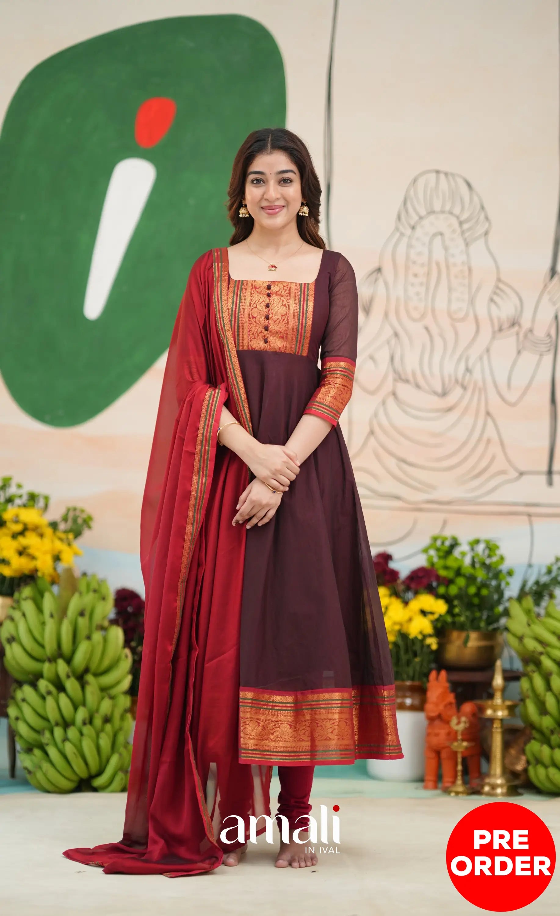 Dark Coffee Brown and Reddish Maroon Cotton Anarkali - Anarkalis