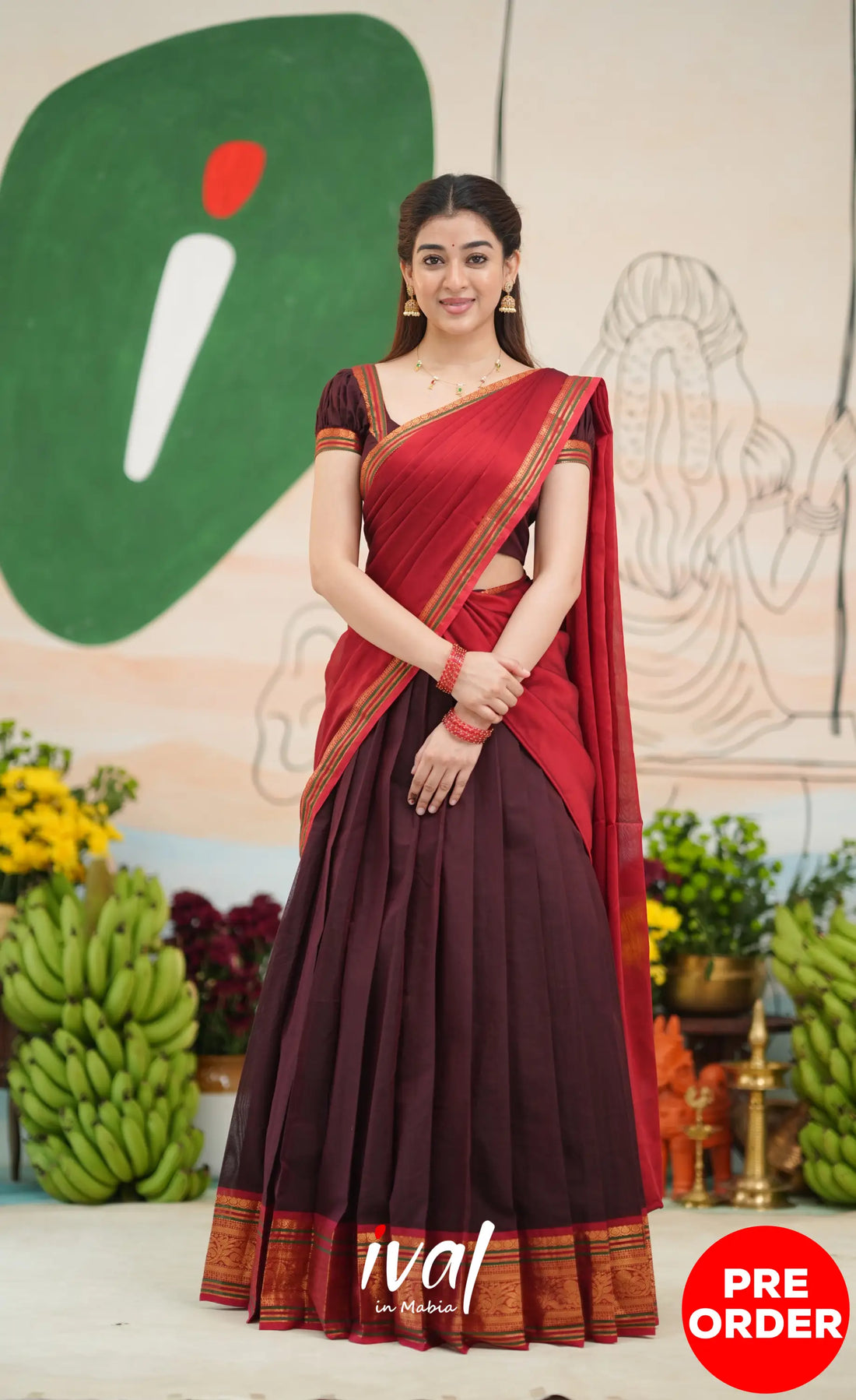 Dark Coffee Brown and Reddish Maroon Cotton Halfsaree - Half Sarees