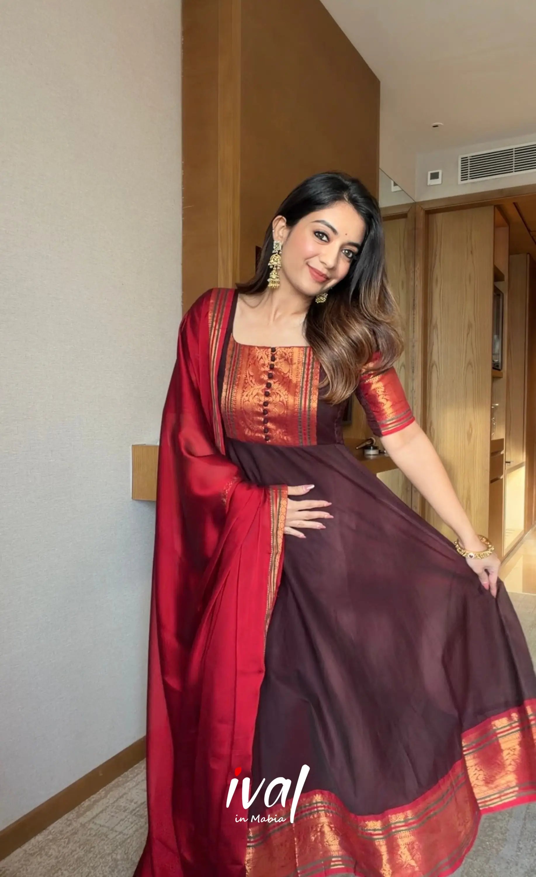 Dark Coffee Brown and Reddish Maroon Cotton Stretchable Anarkali - Anarkalis