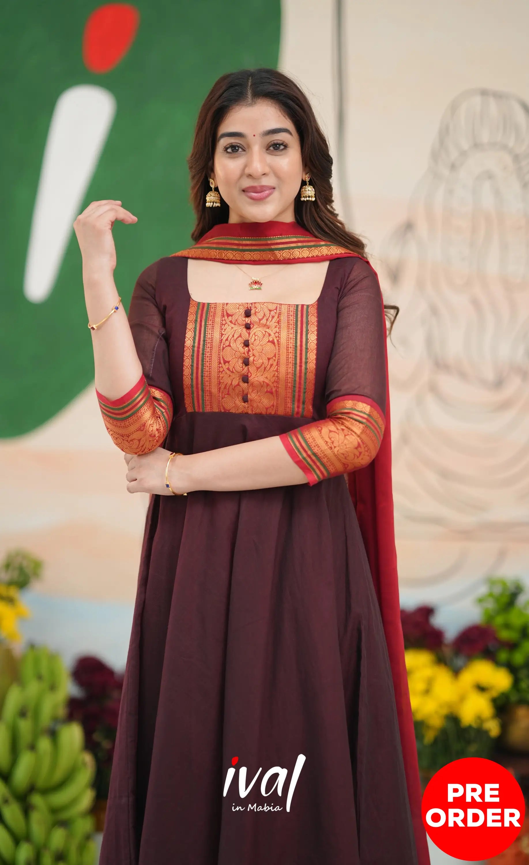 Dark Coffee Brown and Reddish Maroon Cotton Anarkali - Anarkalis