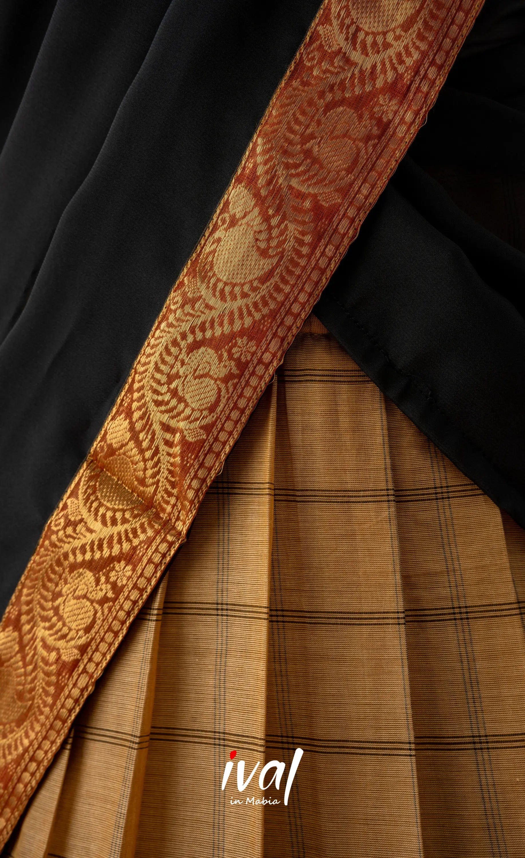 Dark Cream with Black Semi-Stitched Cotton Halfsaree Half Sarees