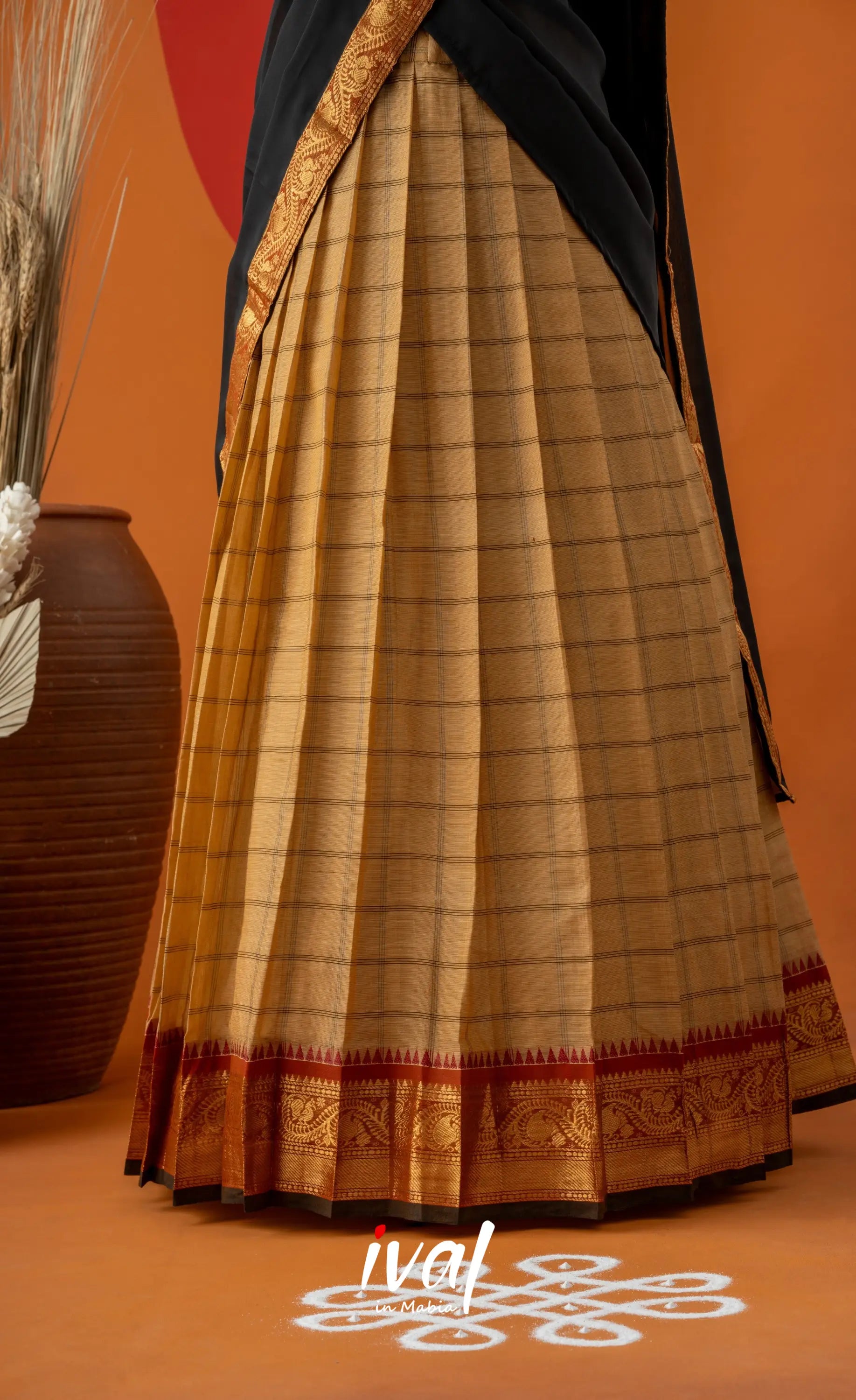 Dark Cream with Black Semi-Stitched Cotton Halfsaree Half Sarees