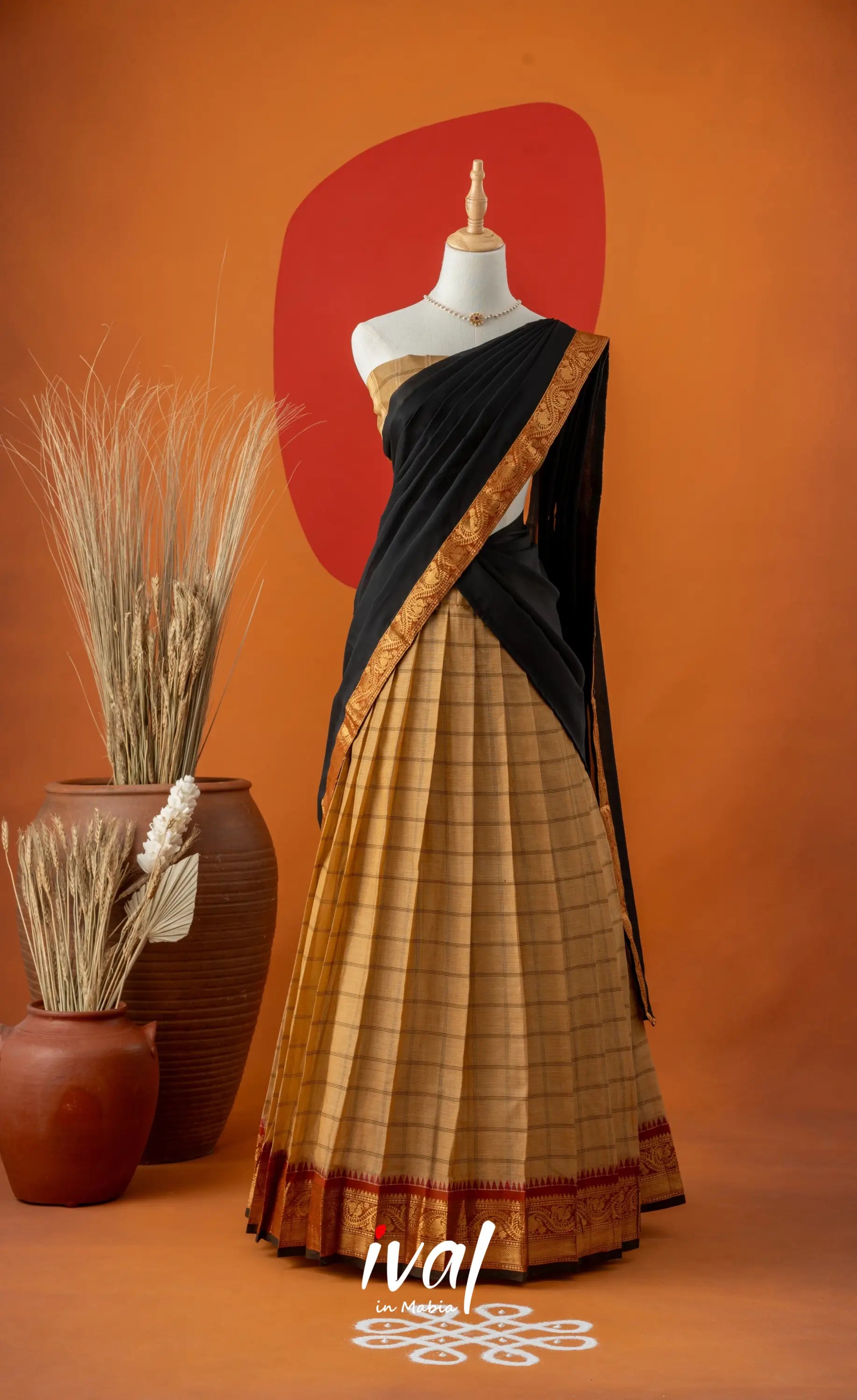 Dark Cream with Black Semi-Stitched Cotton Halfsaree Half Sarees