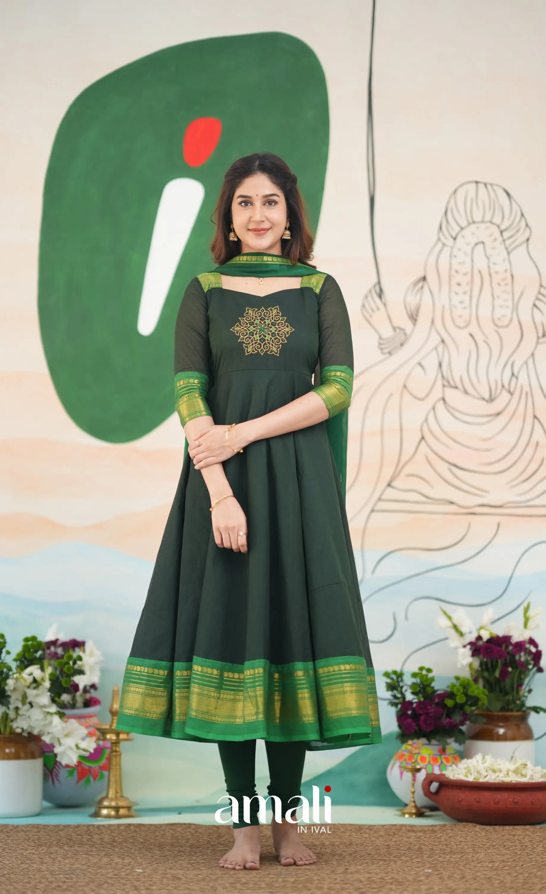 Dark Forest Green and Green Cotton Anarkali Anarkalis